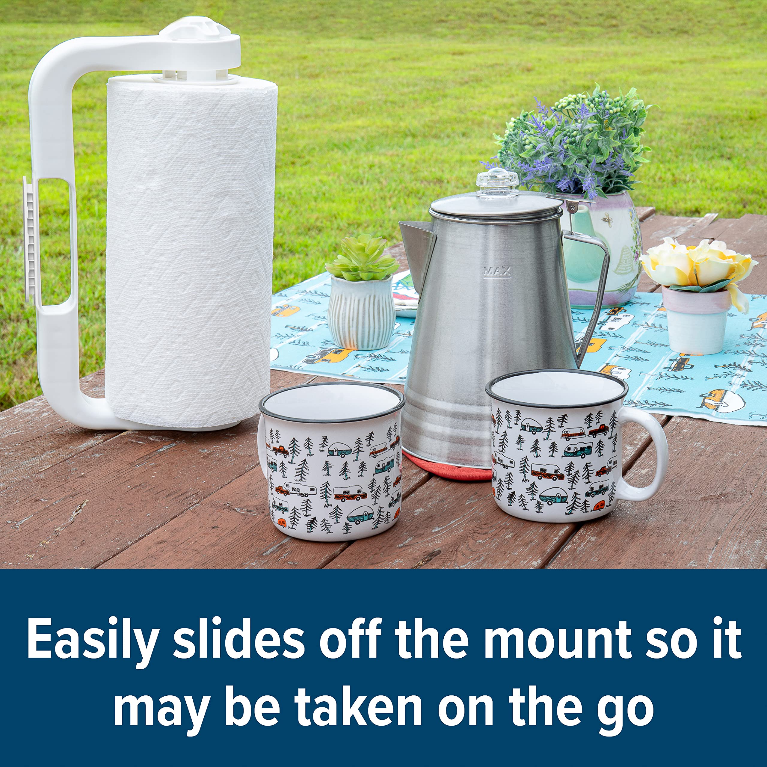 Camco Paper Towel Holder | Ideal For Compact Areas | Features Mountable Design And Adjustable Side Knob | White (57114)