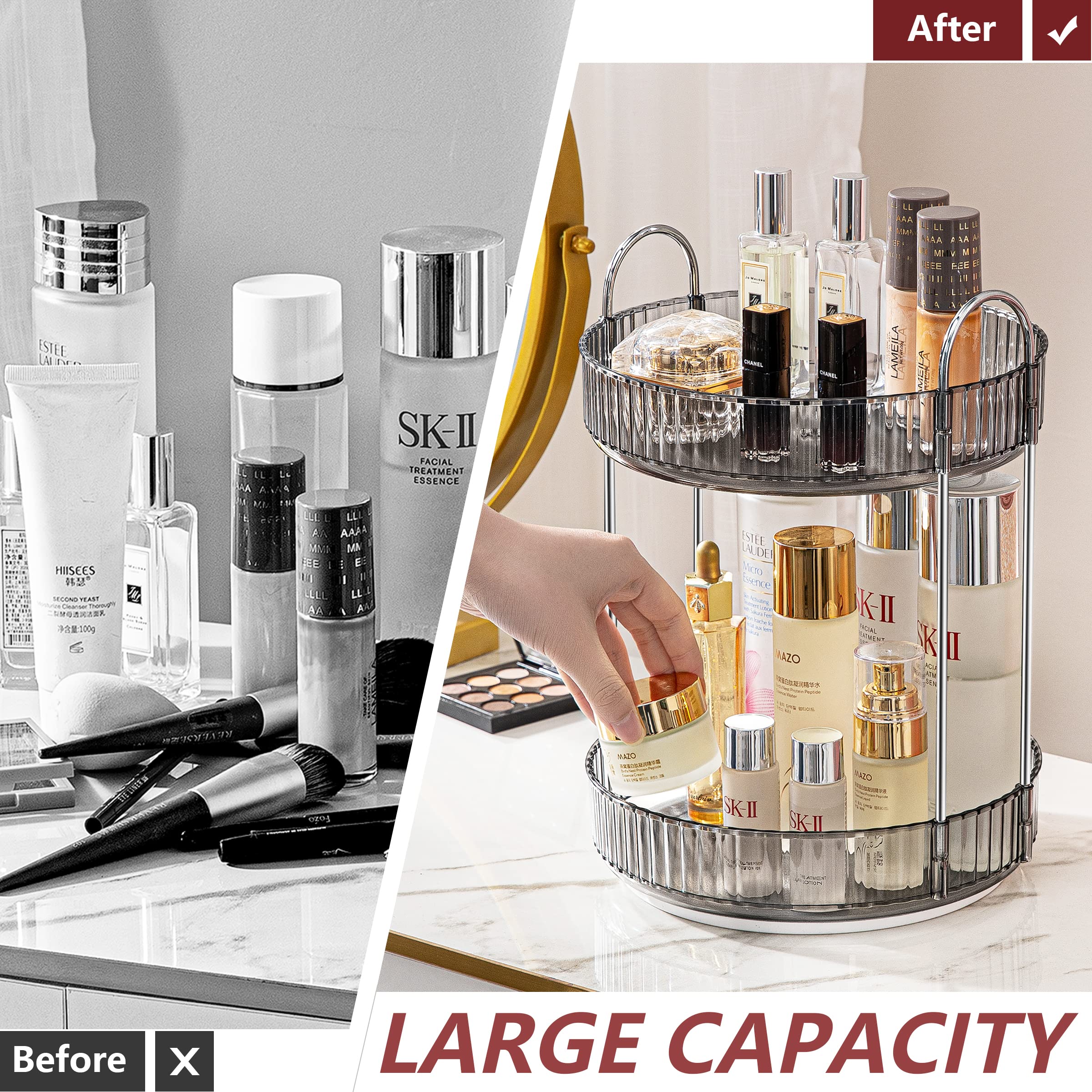 Invssene 360 Rotating Makeup Organizer, Bathroom Make Up Spinning Holder Rack, Large Capacity Cosmetics Storage Vanity Shelf Cou