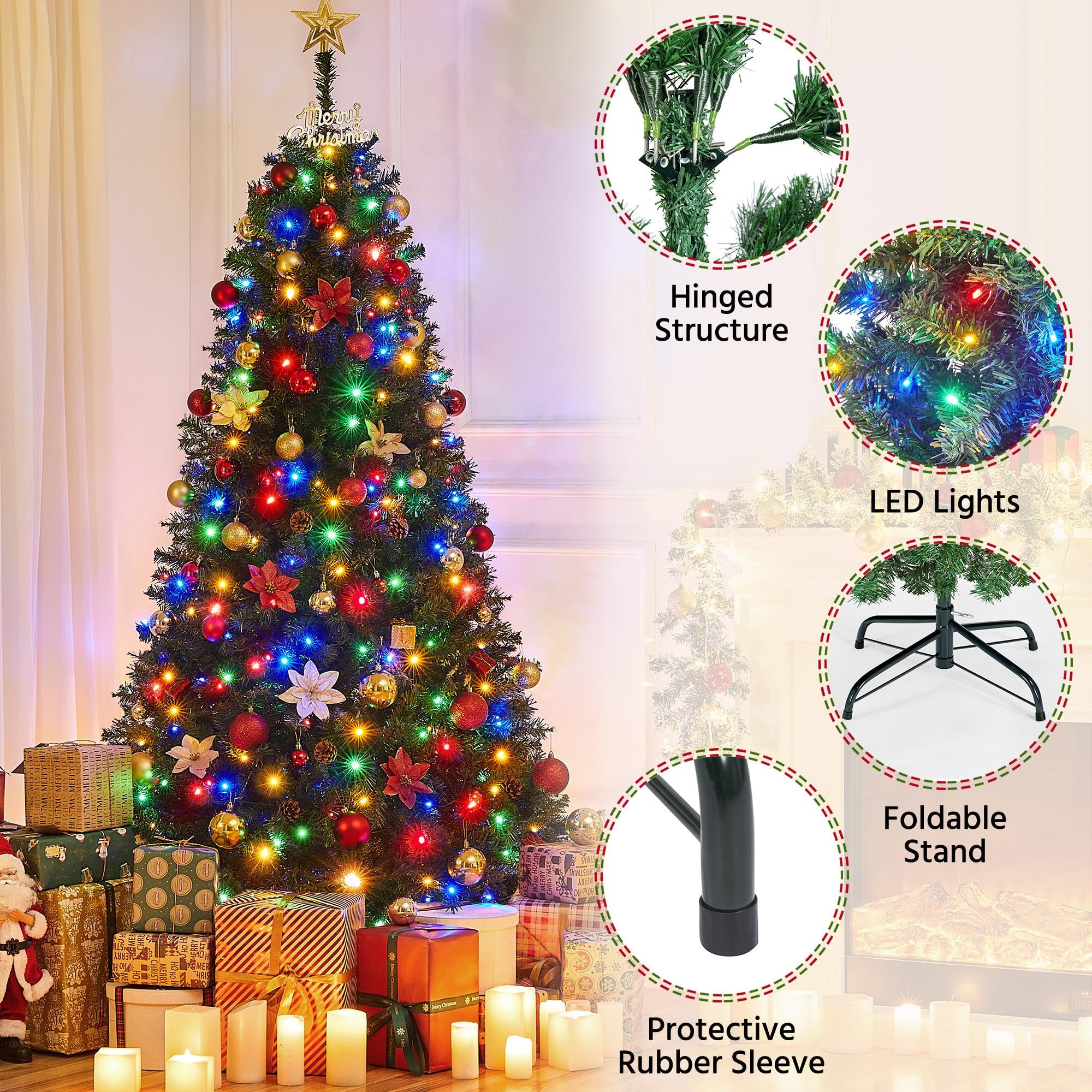 Yaheetech 6ft Pre-lit Spruce Artificial Christmas Tree Hinges Tree with 300 Multicolor LED Lights & 818 Branch Tips & Metal Stan
