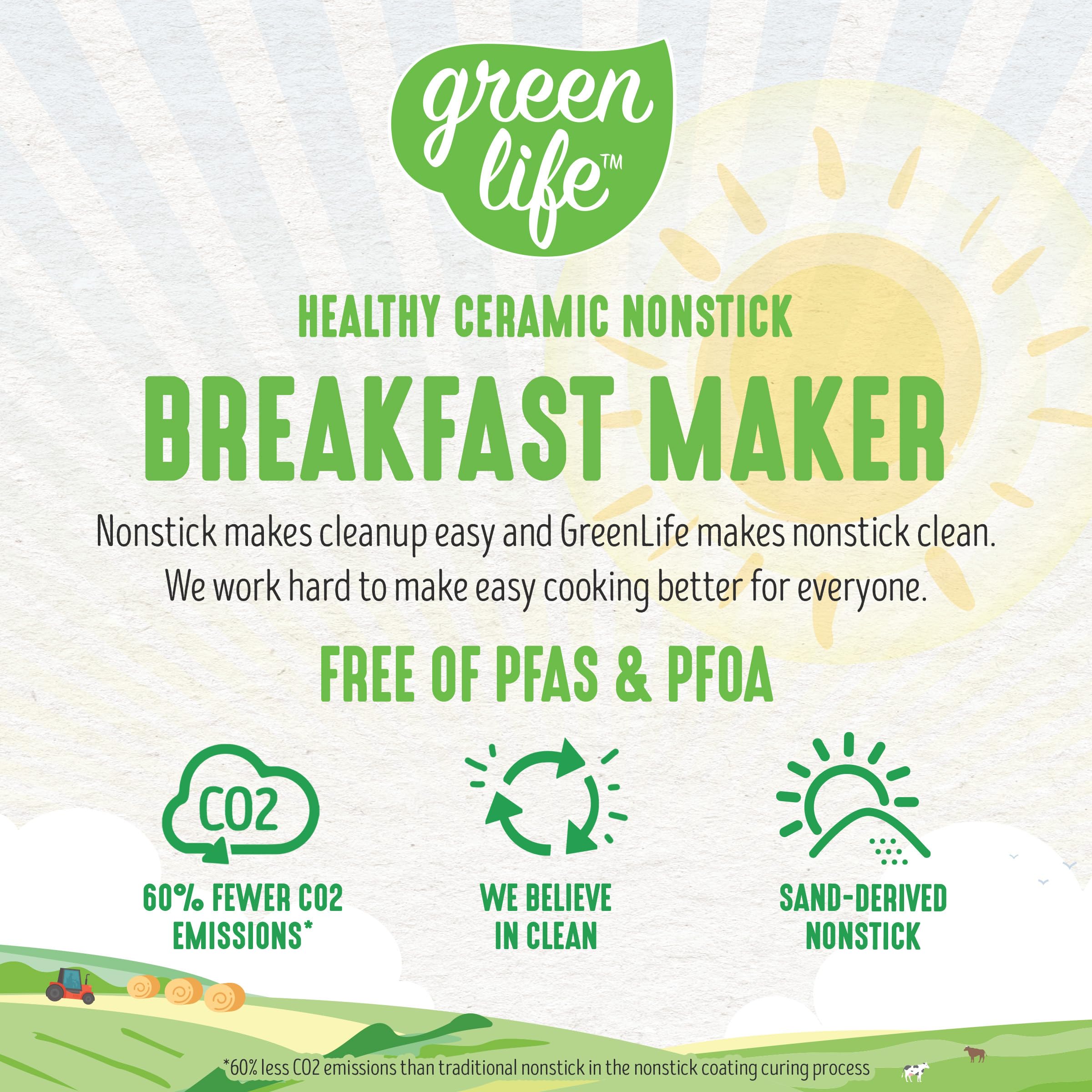 Greenlife 3-In-1 Breakfast Maker Station, Healthy Ceramic Nonstick Dual Griddles For Eggs Meat Sausage Bacon Pancakes And Breakf