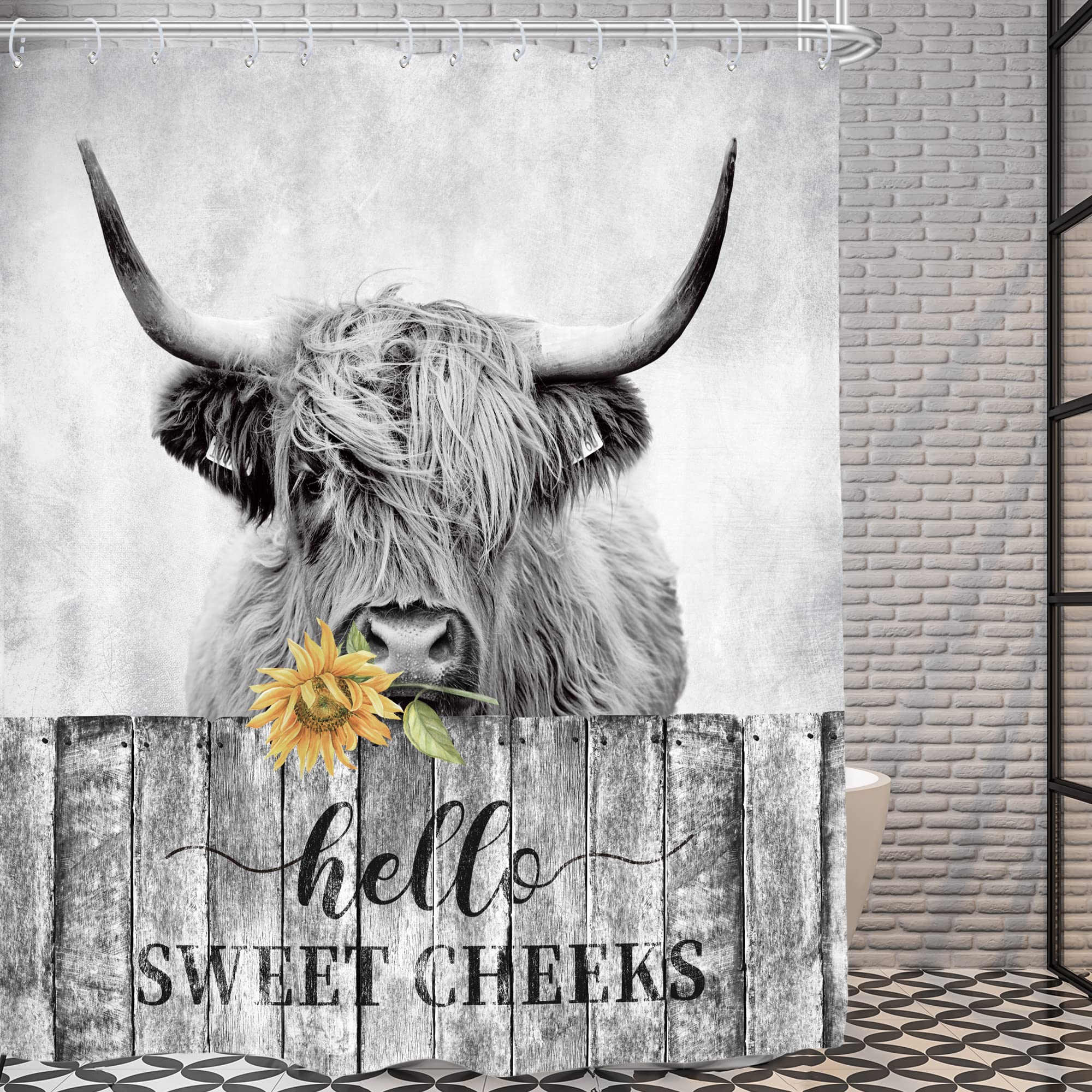 Ambzek Farmhouse Highland Cow Shower Curtain 60Wx72L Inch Rustic Bull Farm Animal Western Country Sunflower Funny Grey Artwork C