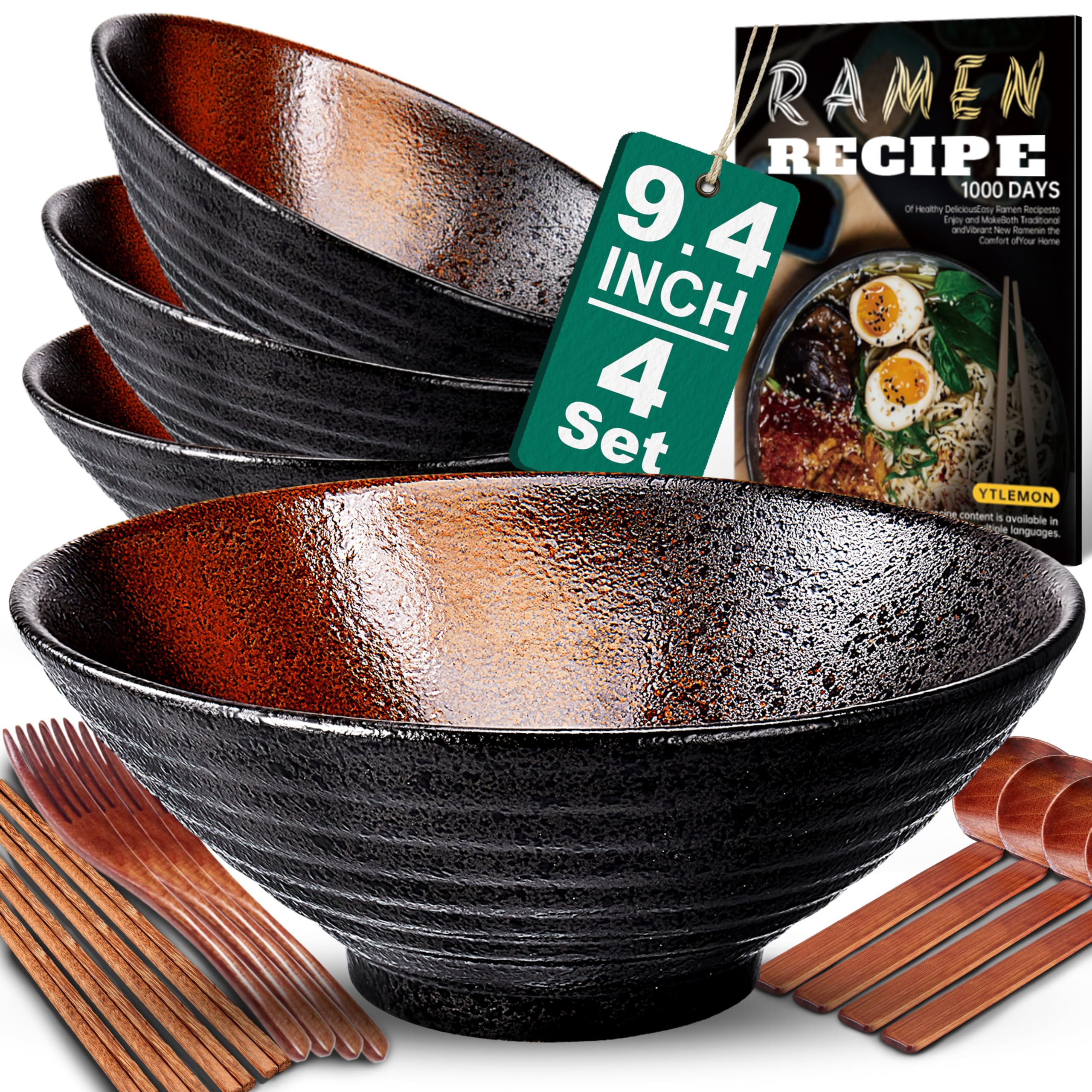 9.4Inch Ceramic Ramen Bowl Set of 4 (17 Piece) - Porcelain Japanese Salad Noodles Cereal Fruit Pasta Soup Large Bowls with Recip