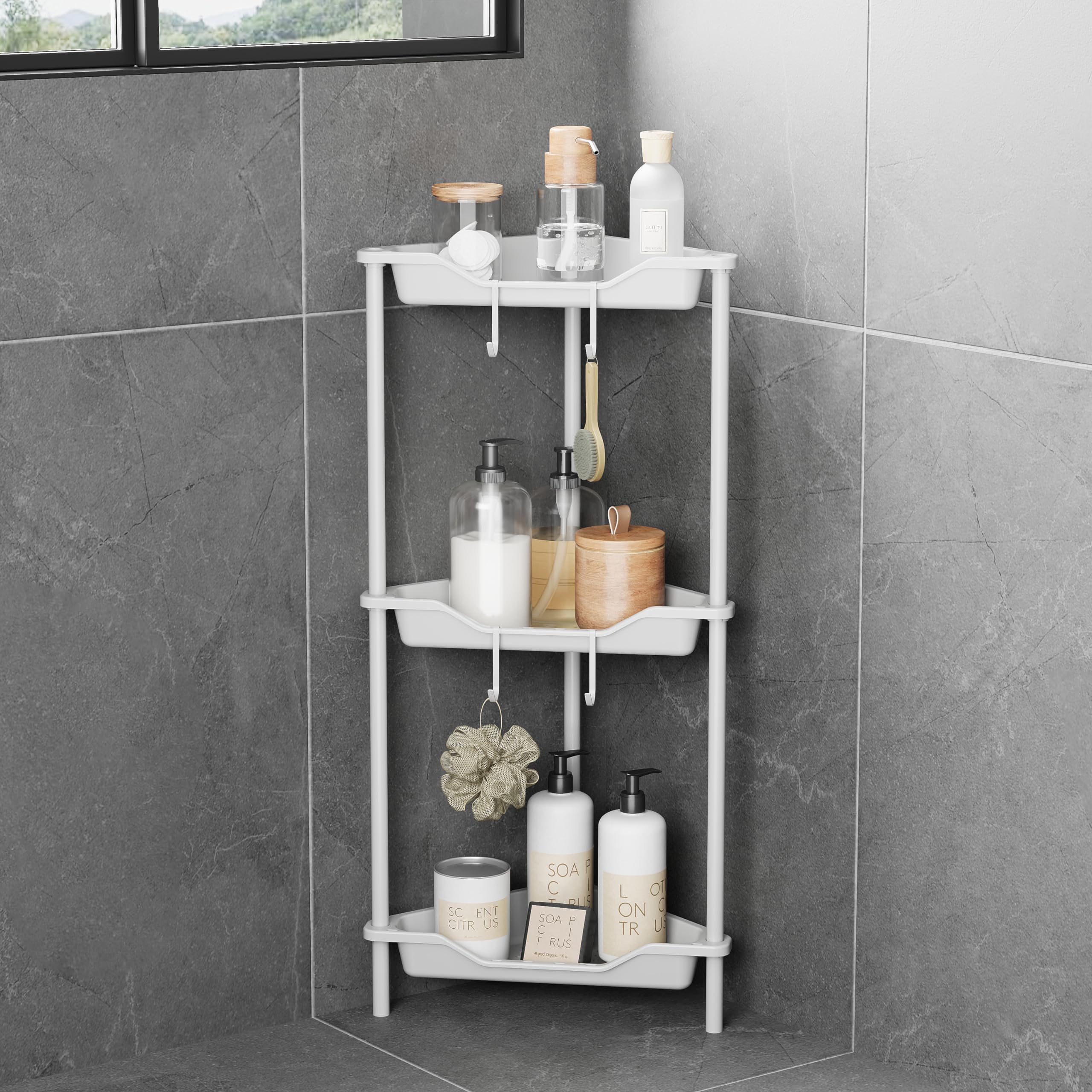 3 Tier Corner Shower Caddy Standing Floor Standing Corner Shower Caddy Organizer Shower Table Plastic Metal Splicing Shelf Stora