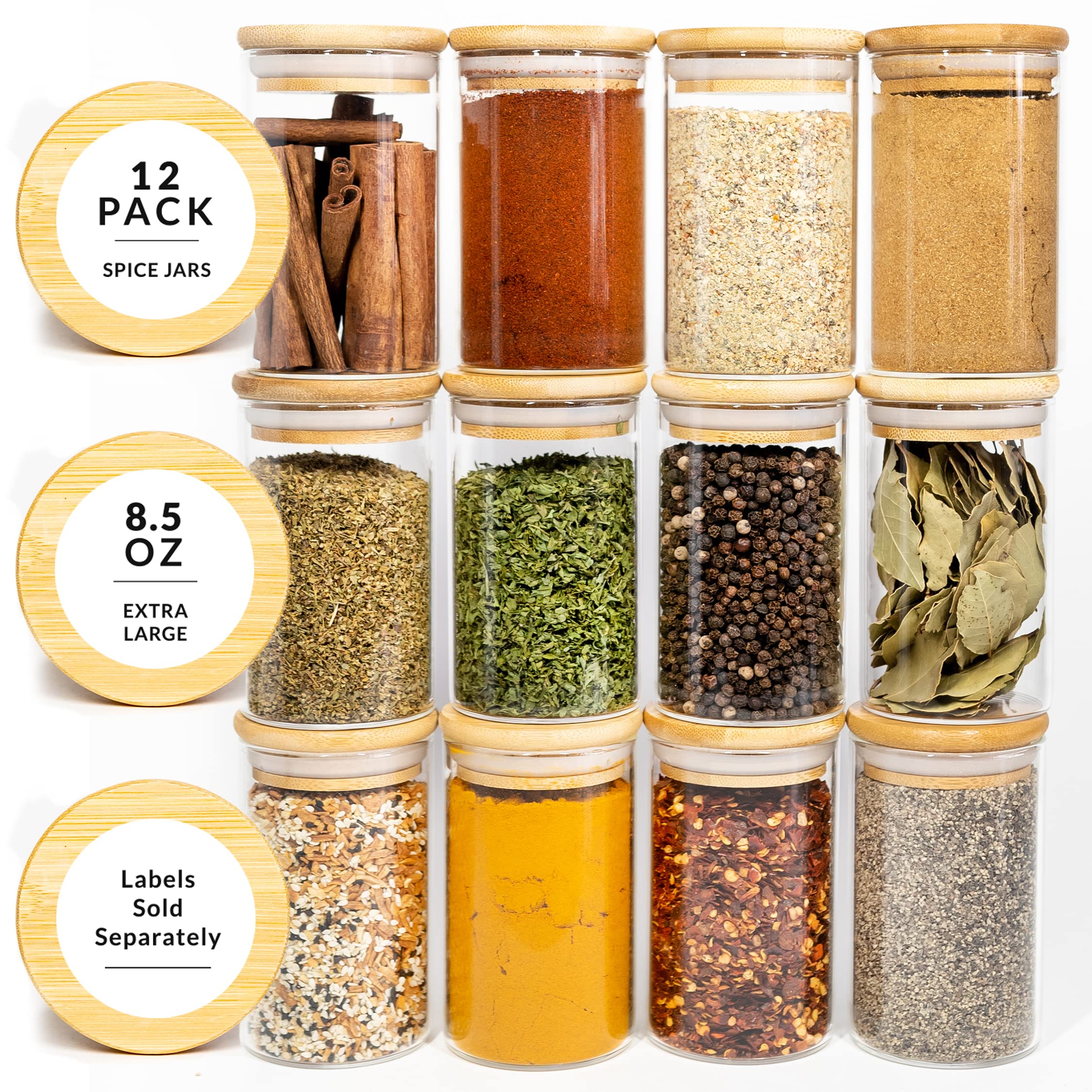SAVVY & SORTED 12 Natural Bamboo Spice Jars | Large Spice Jars with Bamboo Lids | Seasoning Containers Glass Jars with Airtight Lids | Spice Jars Natural Bamboo Containers Kitchen Herb Pantry Jars