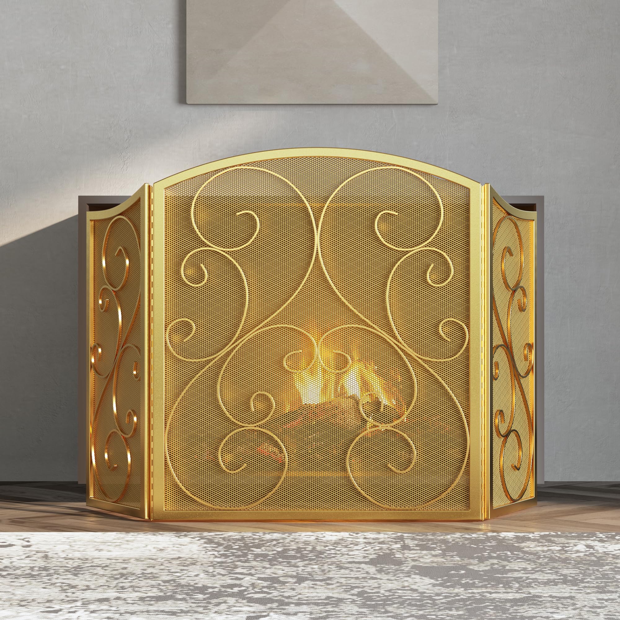 Fire Beauty Fireplace Screen 3 Panel Wrought Iron Metal 48(L) x30(H) Spark Guard Cover(Golden Dusting)