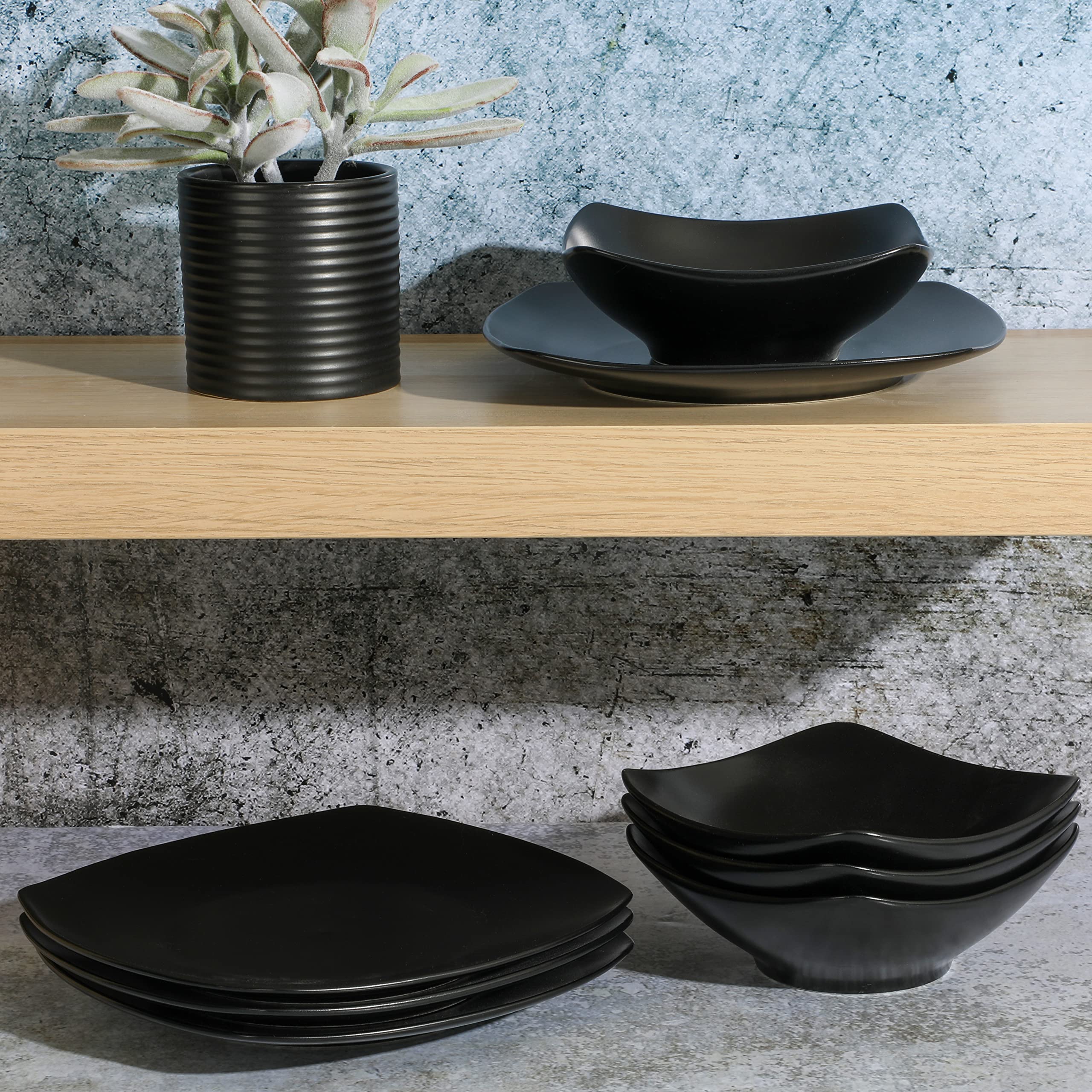 Gibson Home Zen Buffet Matte Porcelain Chip and Scratch Resistant Plates and Bowls Dinnerware Set - Black, Service for 4 (8pcs)