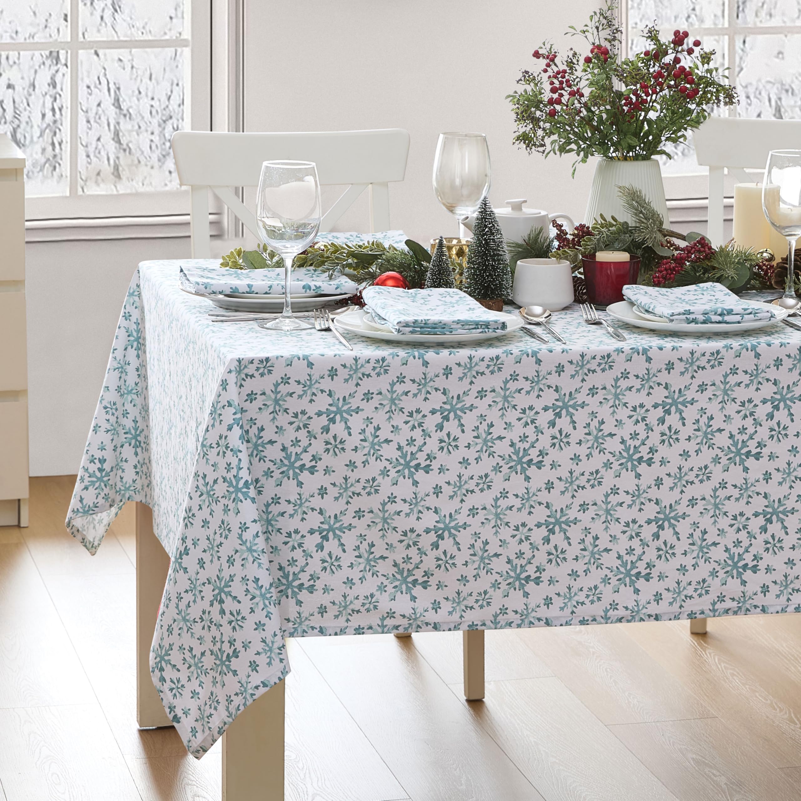 Lintex Frozen Blue Snowflakes Cotton Christmas Fabric Tablecloth  Blue and White Winter Holiday Snowflake Cotton Xmas Easy Care Cotton Tablecloth  52'' x 52'' Square