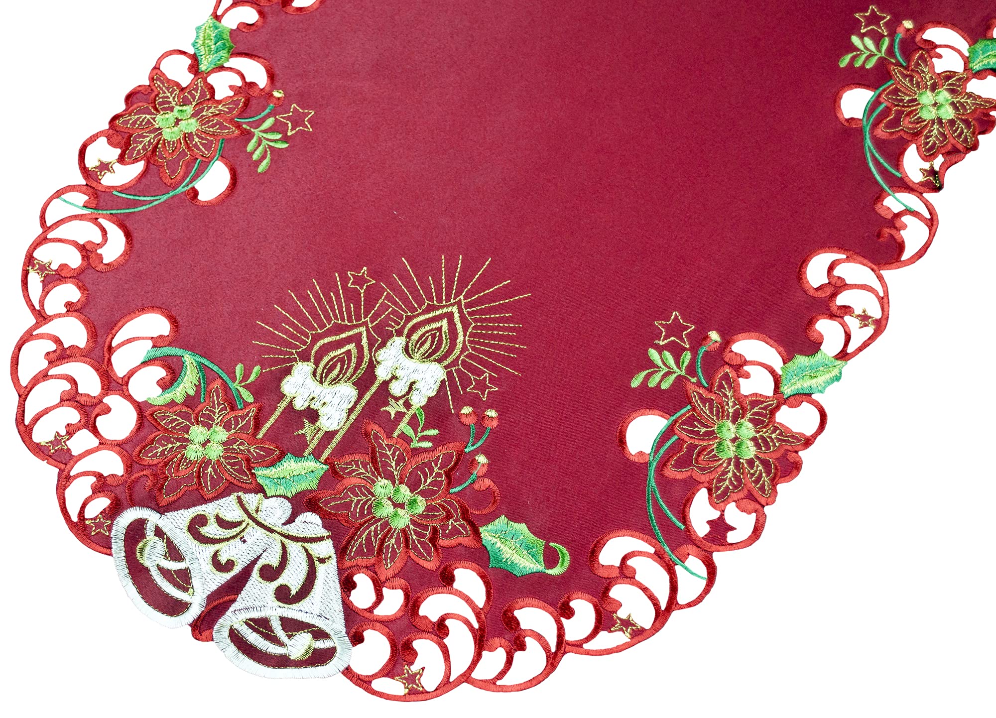 Embroidered Elegant White Bells Christmas Candle Gold Thread Green Leaves Holiday Table Runner  Dresser Scarf (14Wx35L)