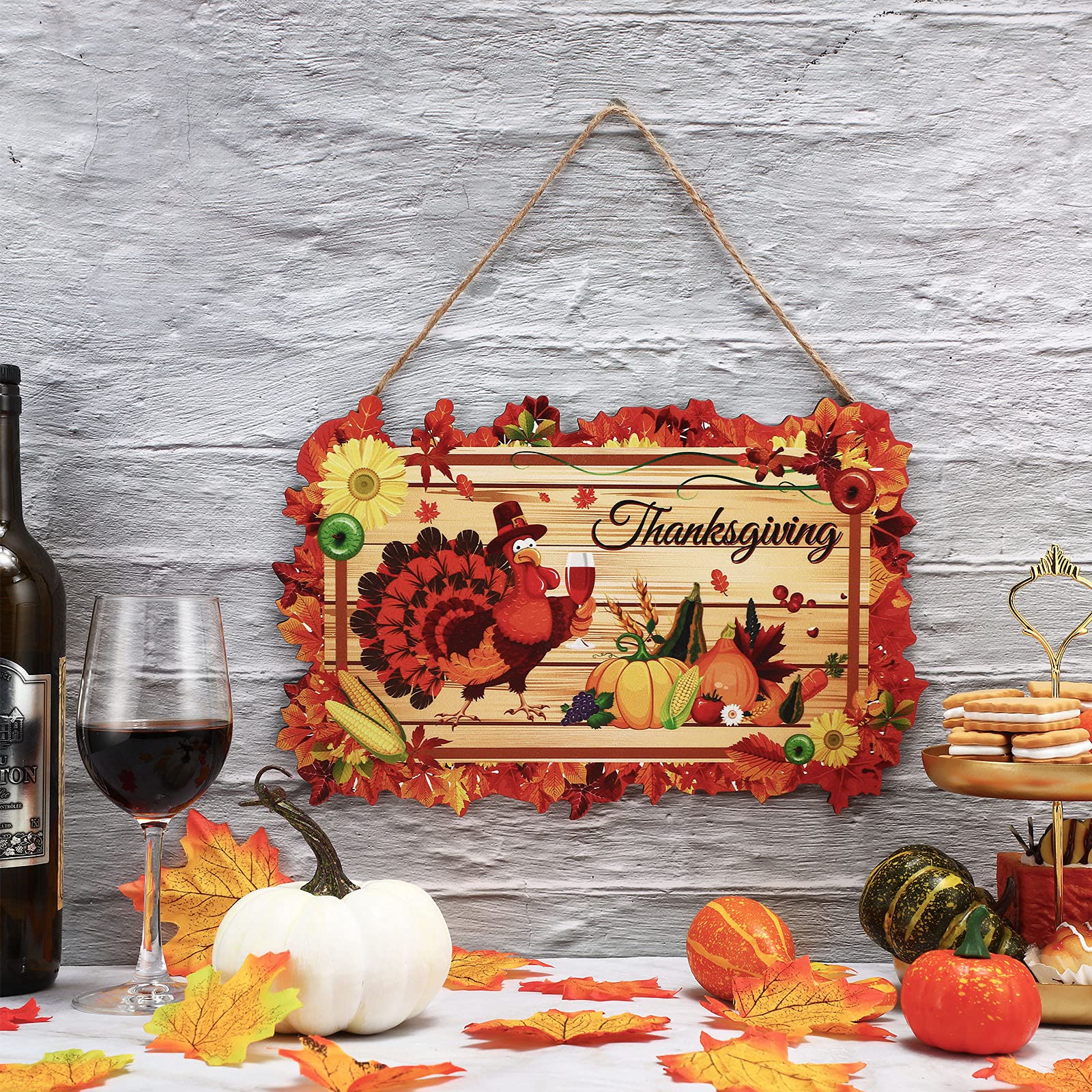 Thanksgiving Turkey Door Hanger Decorations 14 Inches Turkey Wreaths for Front Door Fall Wooden Thanksgiving Welcome Sign for Po