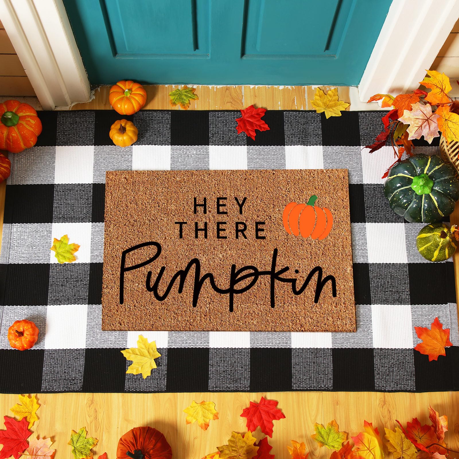2 Pcs Fall Coir Doormat Outdoor Hey Pumpkin Welcome Outdoor Rugs for Layered Buffalo Black White Plaid Mats for Thanksgiving Aut