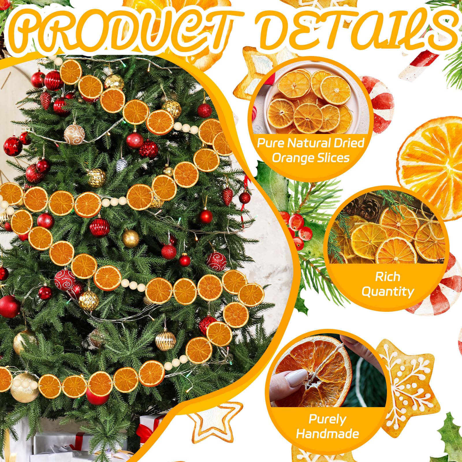 10Ft Christmas Orange Slice Garland Dried Orange Wooden Beads Garland Hanging Decorations Natural Rustic Ornament DIY Handmade C