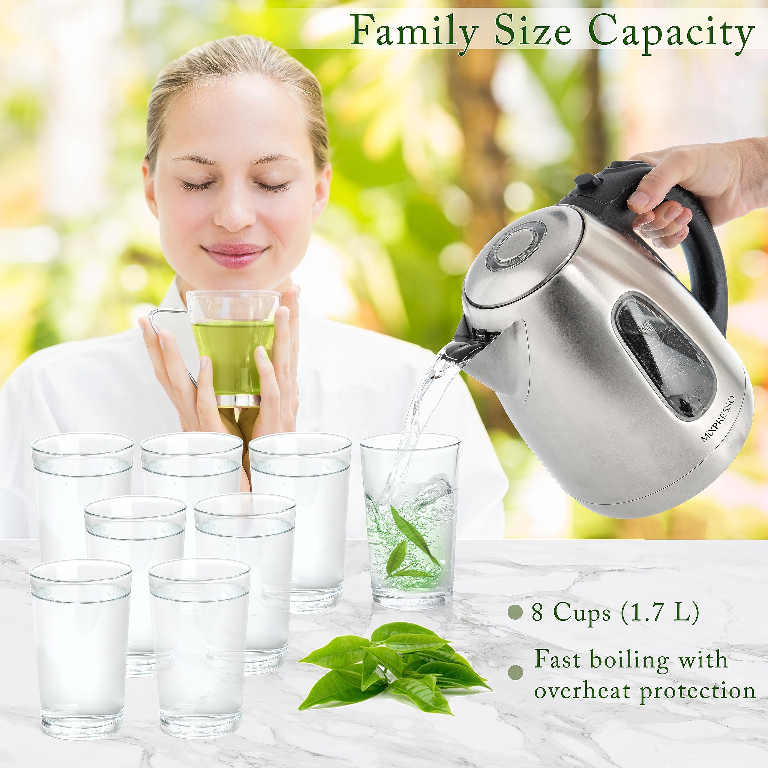 Mixpresso Stainless Steel Electric Kettle, Cordless Pot 1.7L Portable Electric Hot Water Kettle, 1500W Strong Fast Boiling Pot,