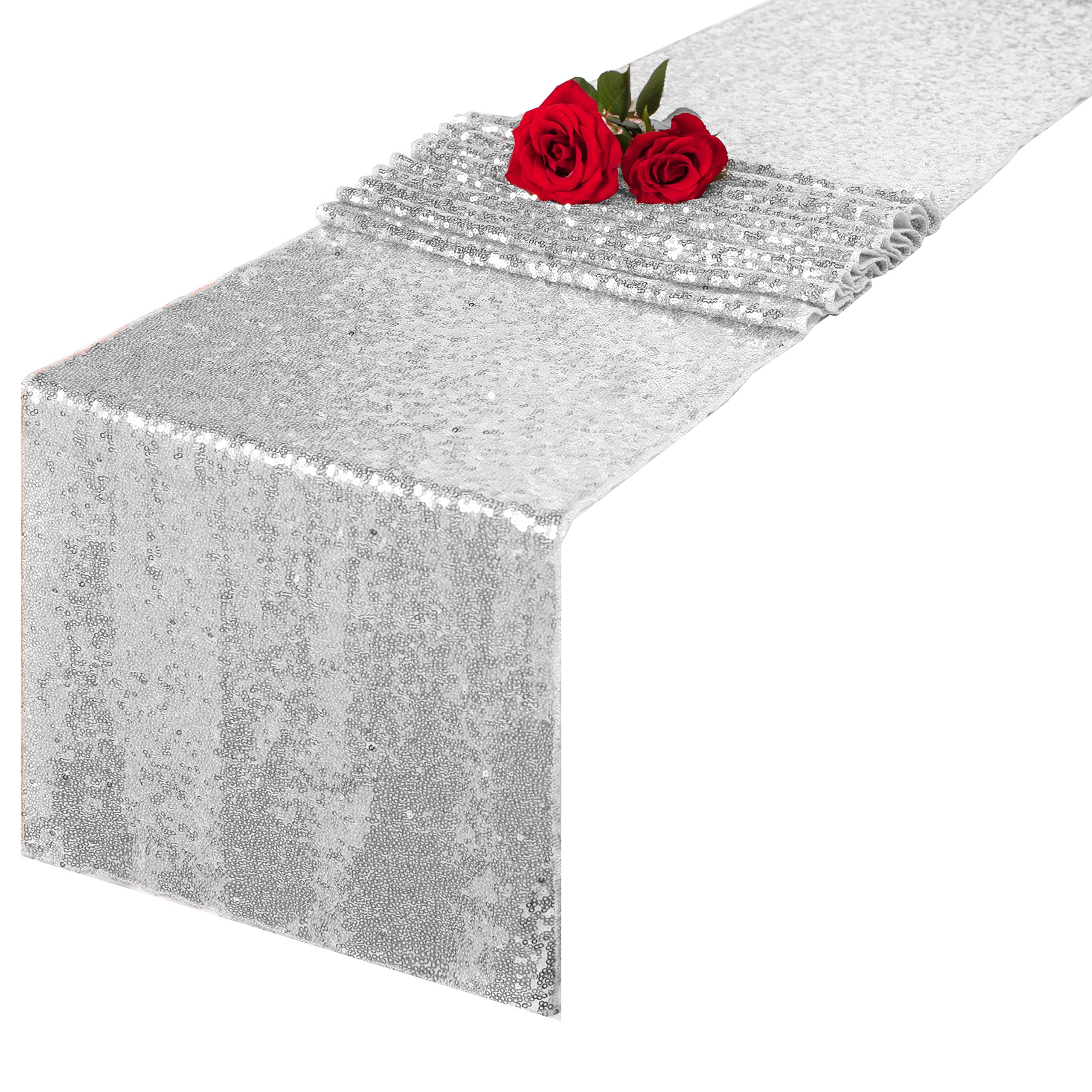 Charoama Silver Sequin Table Runner 12X108 Inch Glitter Fabric Table Linens Runner Fabric Decorations For Holiday Wedding Birthd