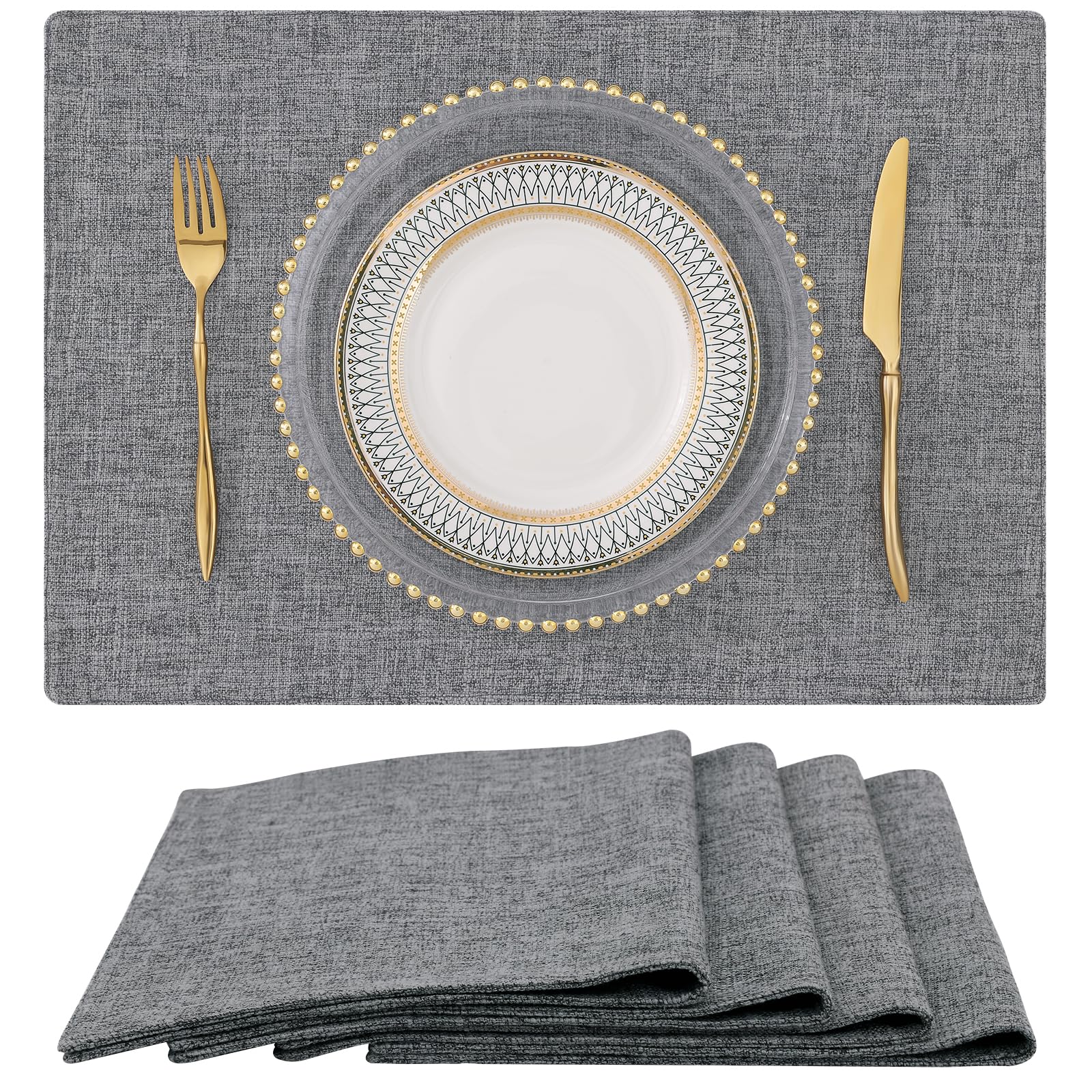 Homing Dark Grey Cloth Placemats For Dining Table Set Of 4 - Cotton Linen Blend Washable Farmhouse Kitchen Mats For Indoors & Ou