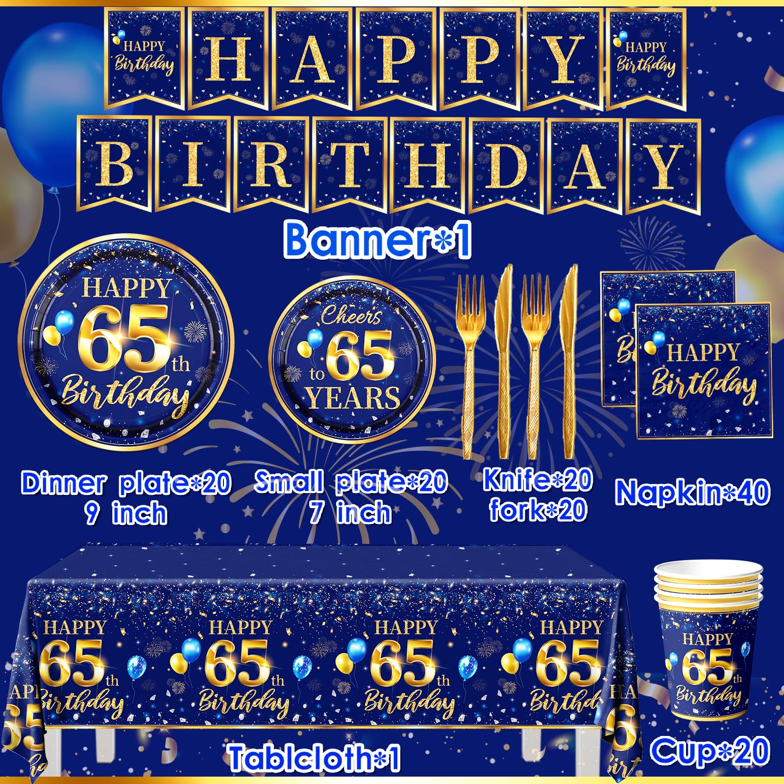 65Th Birthday Decoration Men-142Pcs Navy Blue And Gold Birthday Tableware Set(Serve For 20) Include Happy 65Th Birthday Banner P