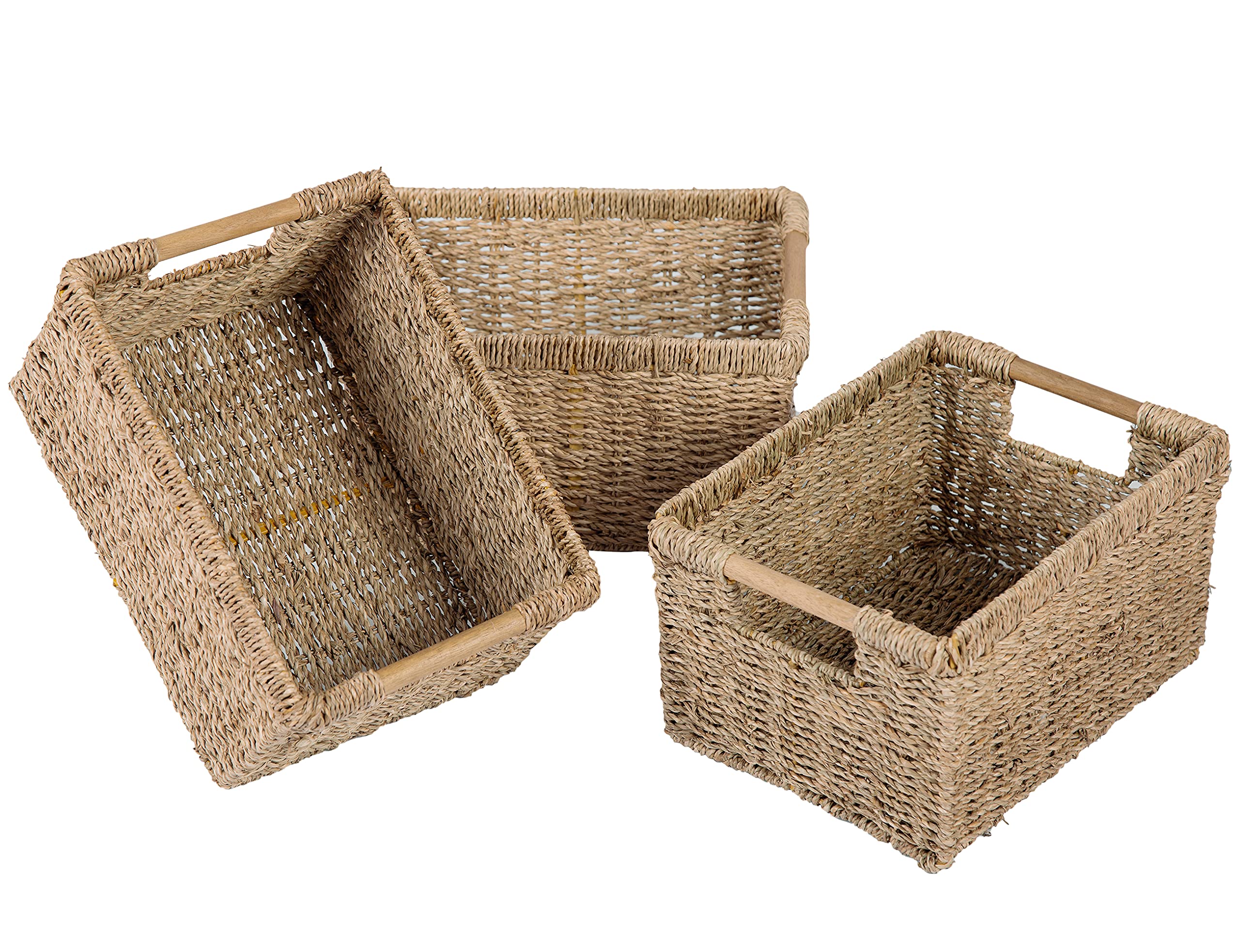 Natural Seagrass Basket With Wooden Handle, Medium Rectuangular Wicker Basket For Living Room 12.2 X 8.9 X 6.7 Inches - 3 Pack