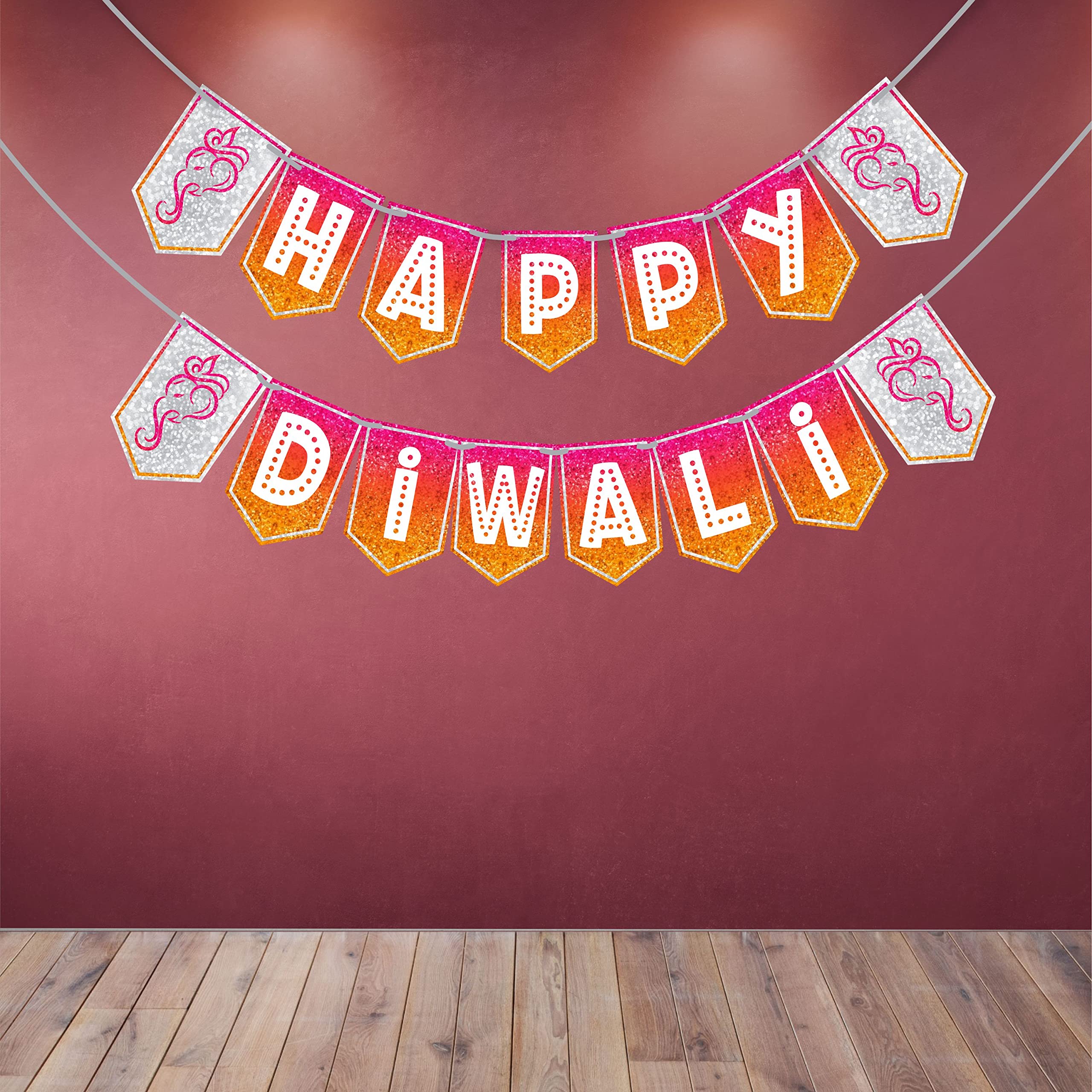 WOBBOX Diwali Decoration Bunting Banner, Happy Diwali Pink Red & Yellow Gliter With White Font, Diwali Decoration Item, Diwali D