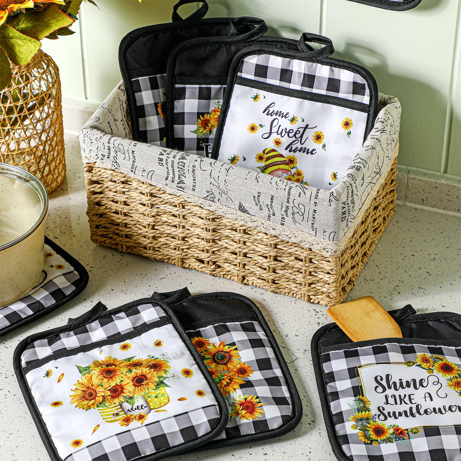 Jingmore 12 Pcs Sunflower Pot Holders with Pocket Teacher Appreciation Gift Bulk Summer Pot Holders Buffalo Plaid Hot Pads and O