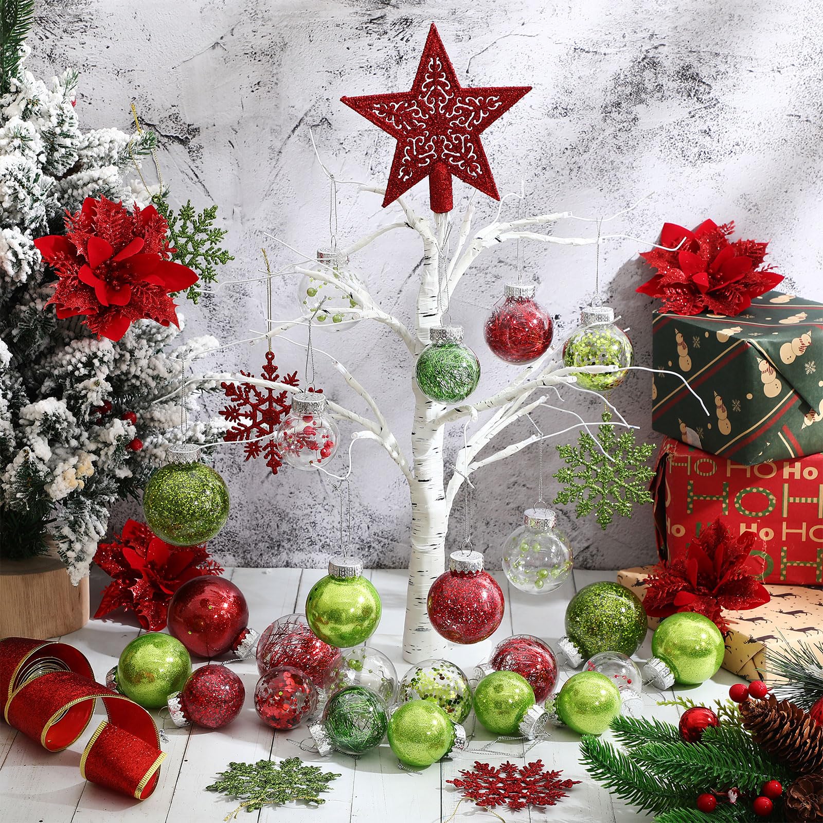 Jenaai 74 Pcs Christmas Ball Ornaments Set Plastic Shatterproof Christmas Tree Decorations with Hanging Snowflakes Ribbons Artif