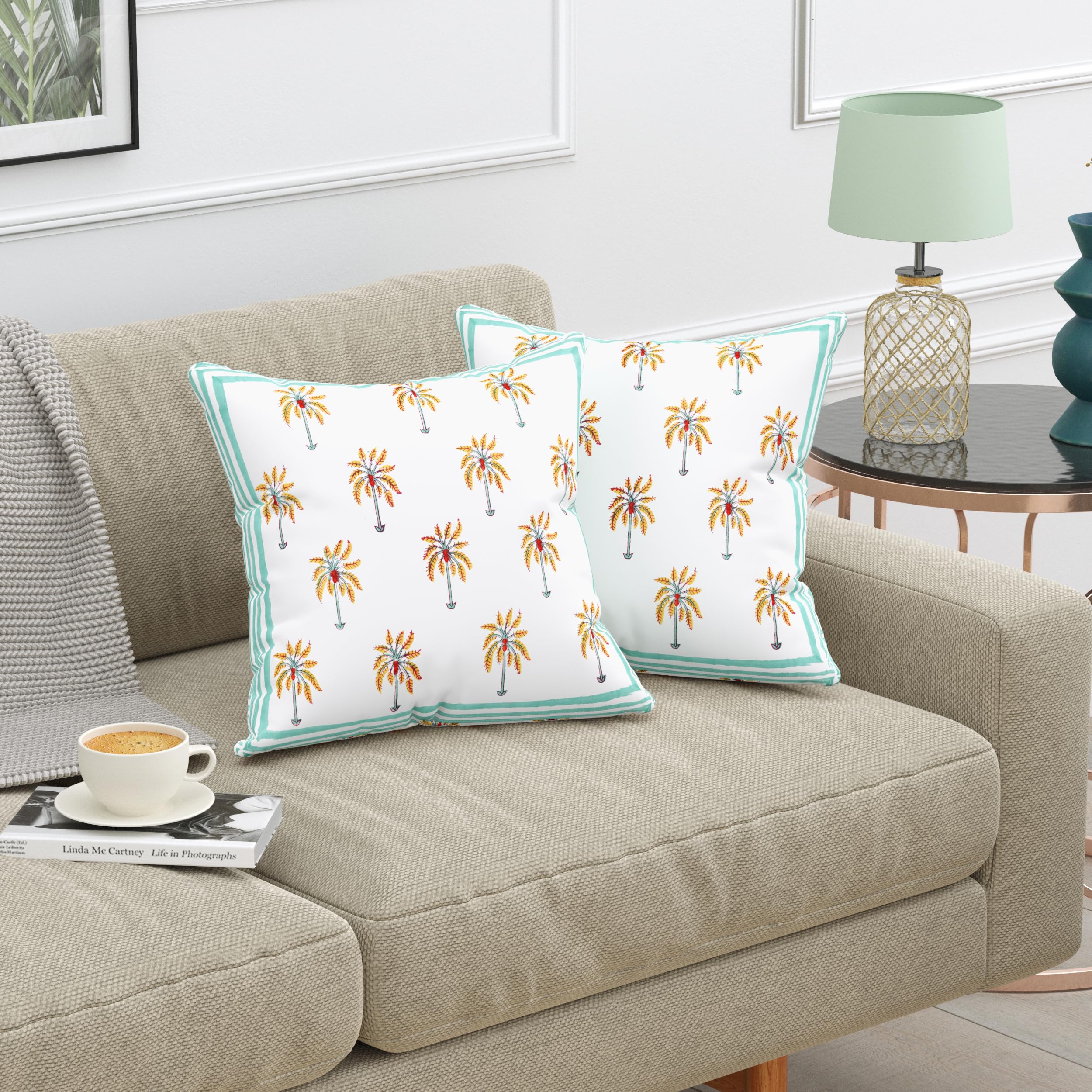 Blocks Of India Hand Block Printed Cotton Cushion Cover (16 X 16 Inches) (2, Green Yellow Coco)
