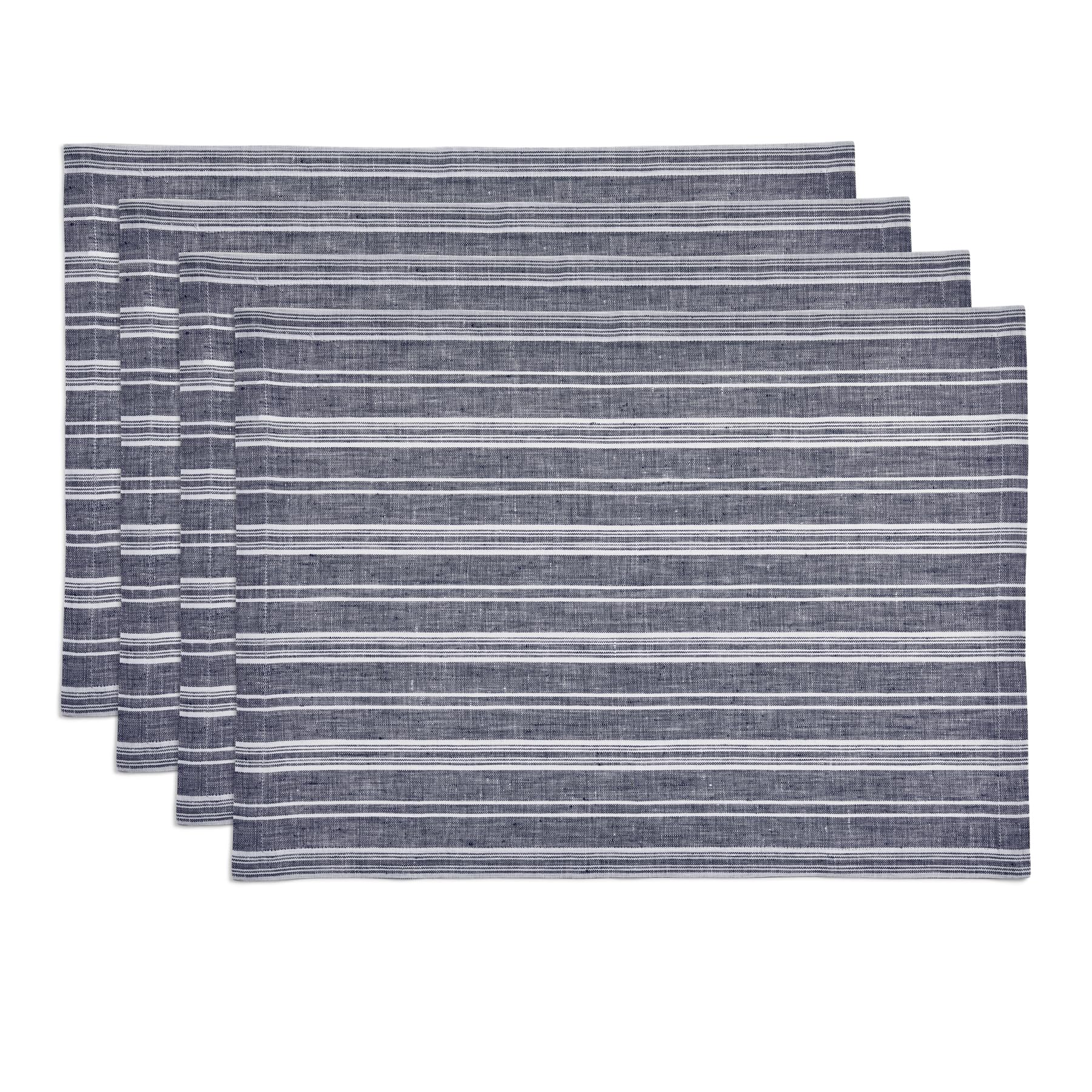 Solino Home Stripe Linen Placemats 19'' L X 14'' W Inch - 100% Pure Linen Navy And White Cloth Placemats Set Of 4 - Chelsea Stri
