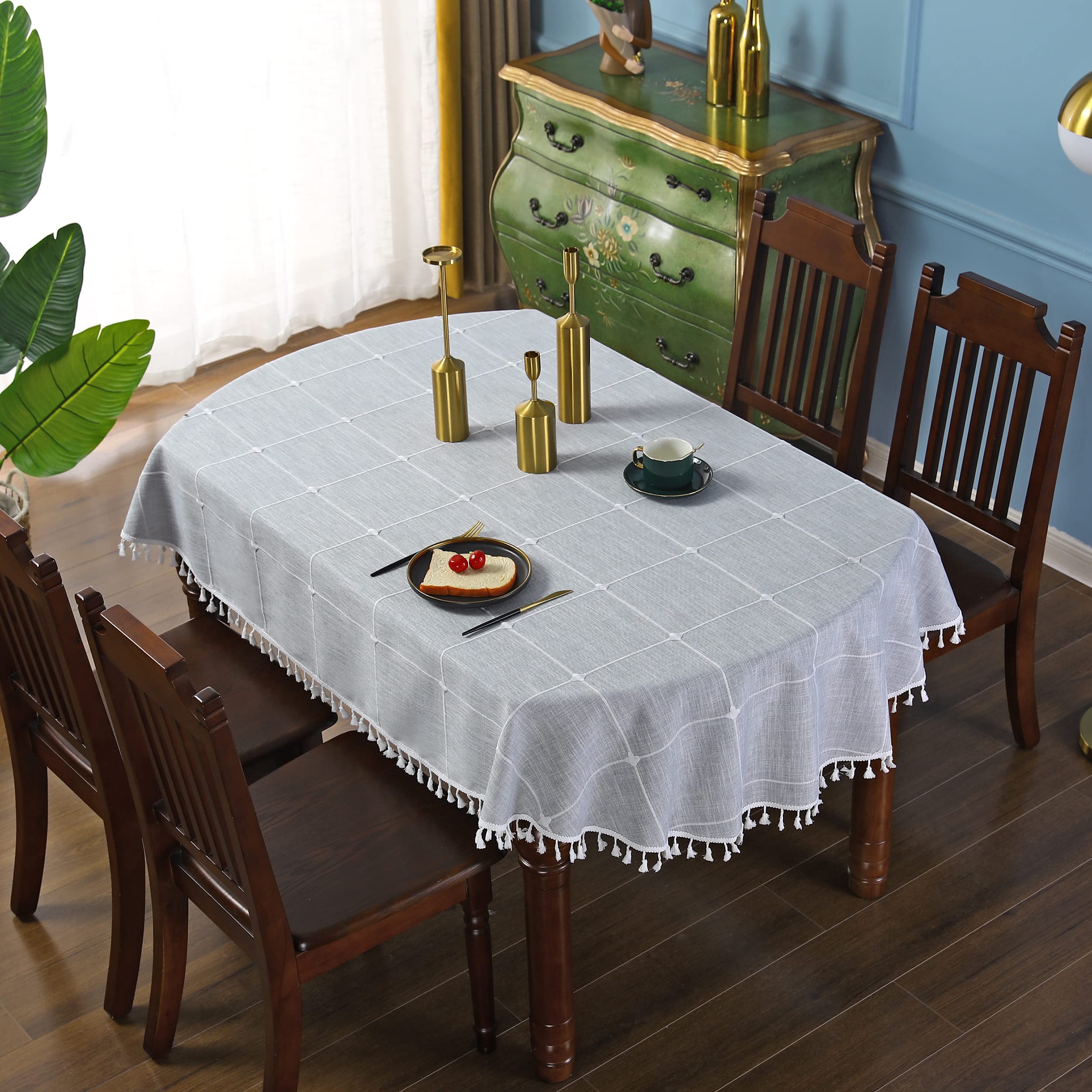 Grey Embroidery Lattice Oval Tablecloth with Tassel Heavy Duty Rustic Fabric Table Cover Wrinkle Resistant Washable Kitchen Dining Party Wedding Decoration 60 x 102 Inches