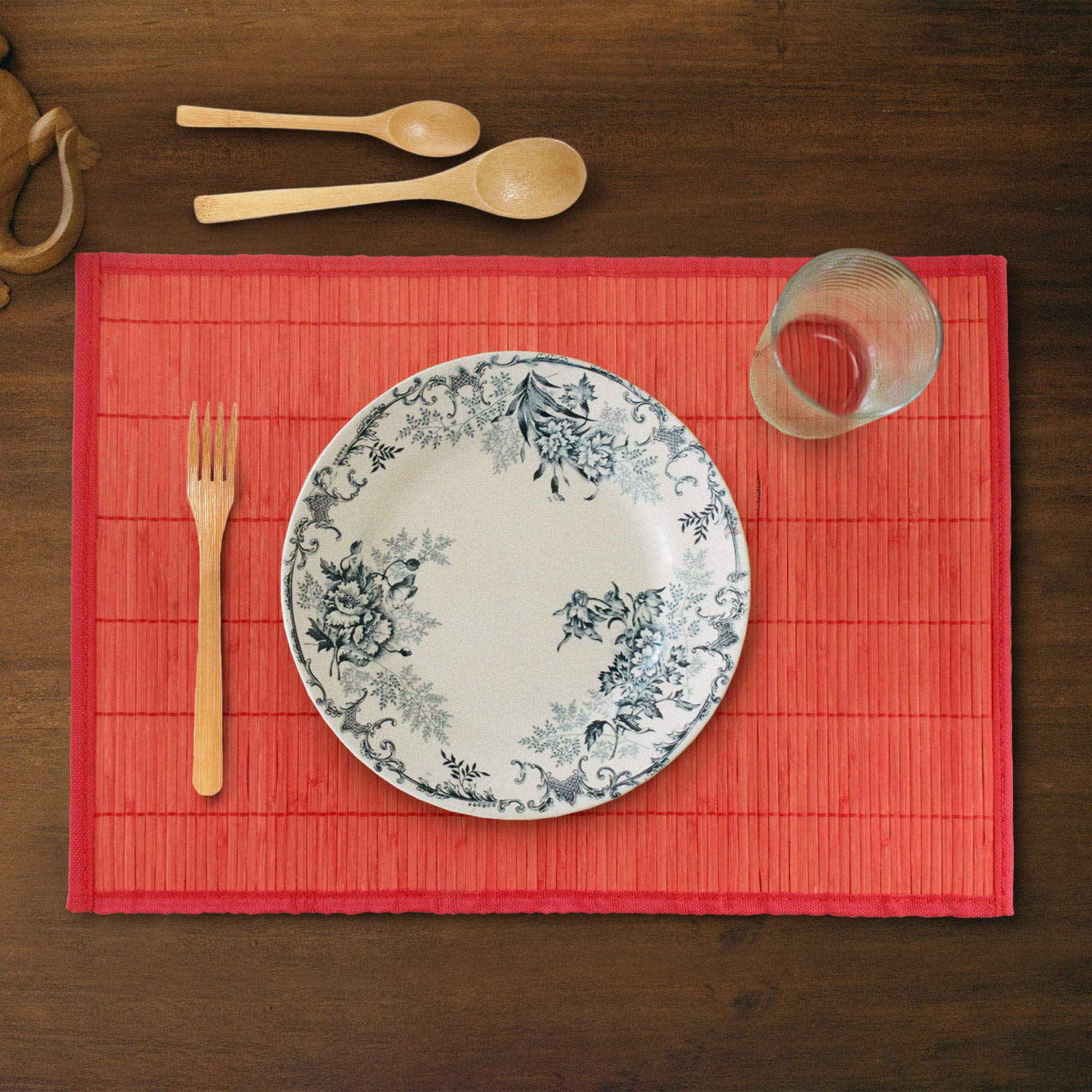 Bamboomn Bamboo Slats Placemat With Fabric Border - Solid Color Print - 18'' X 13'' - Red, 4 Pcs