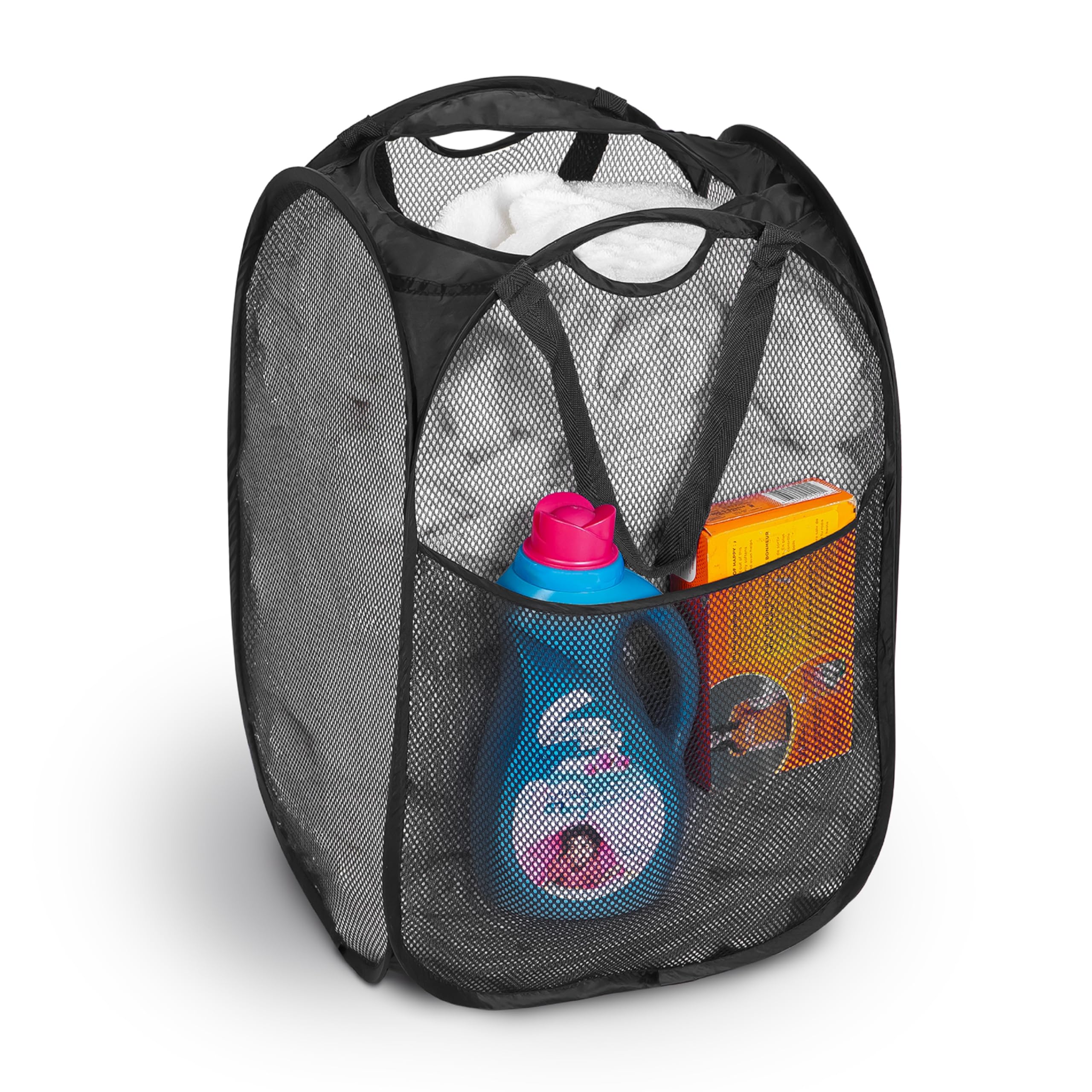 Smart Design Deluxe Mesh Pop Up Square Laundry Hamper w/ Side Pocket & Handles - VentilAir Fabric Collapsible Design - for Clothes & Laundry - Home - (Holds 2 Loads) (14 x 23 Inch) [Black]