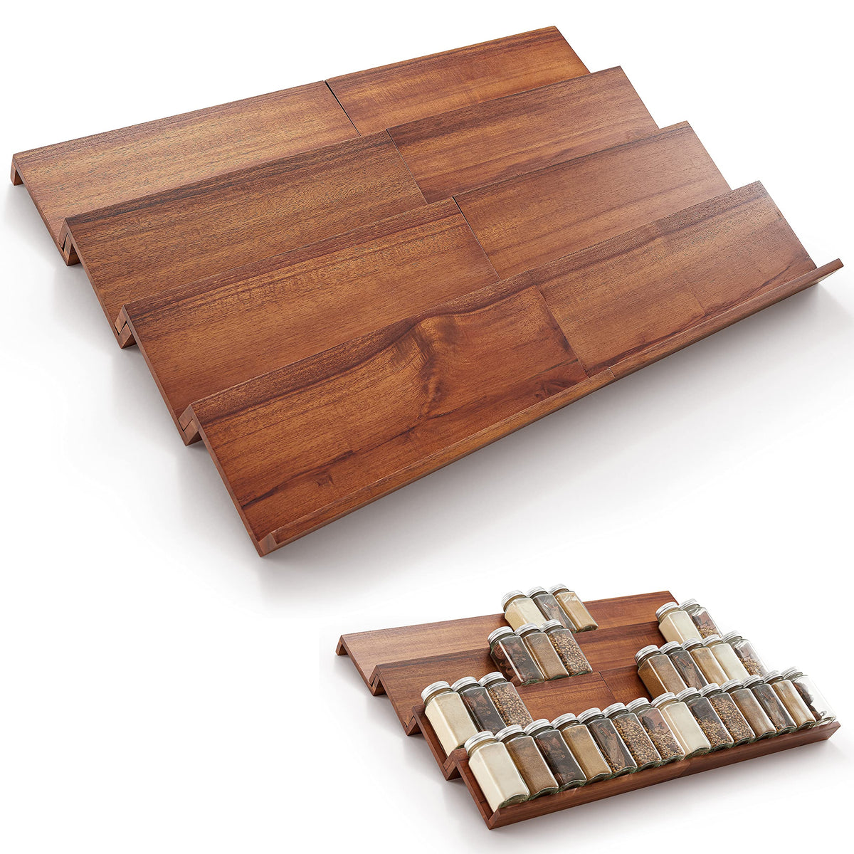 Tinamo Wood Spice Drawer Organizer - Acacia Wooden Tray Spice Racks Organizer for Cabinet Storage Shelf - 4 Tier Spice Rack Orga