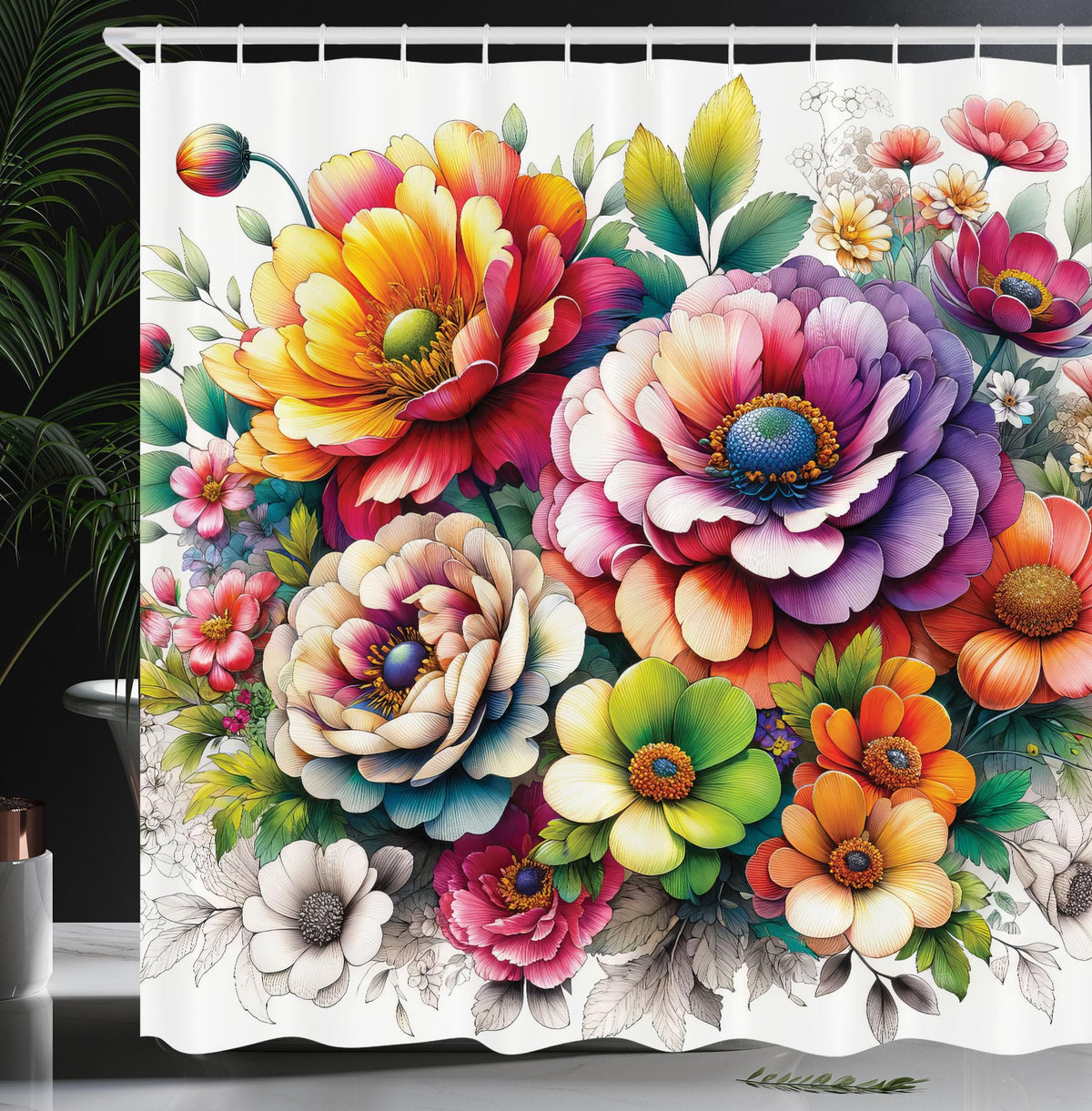 Ambesonne Colorful Shower Curtain, Springtime Huddle Of Peony Flowers With Jungle Boho Manners Chill Vibe, Cloth Fabric Bathroom