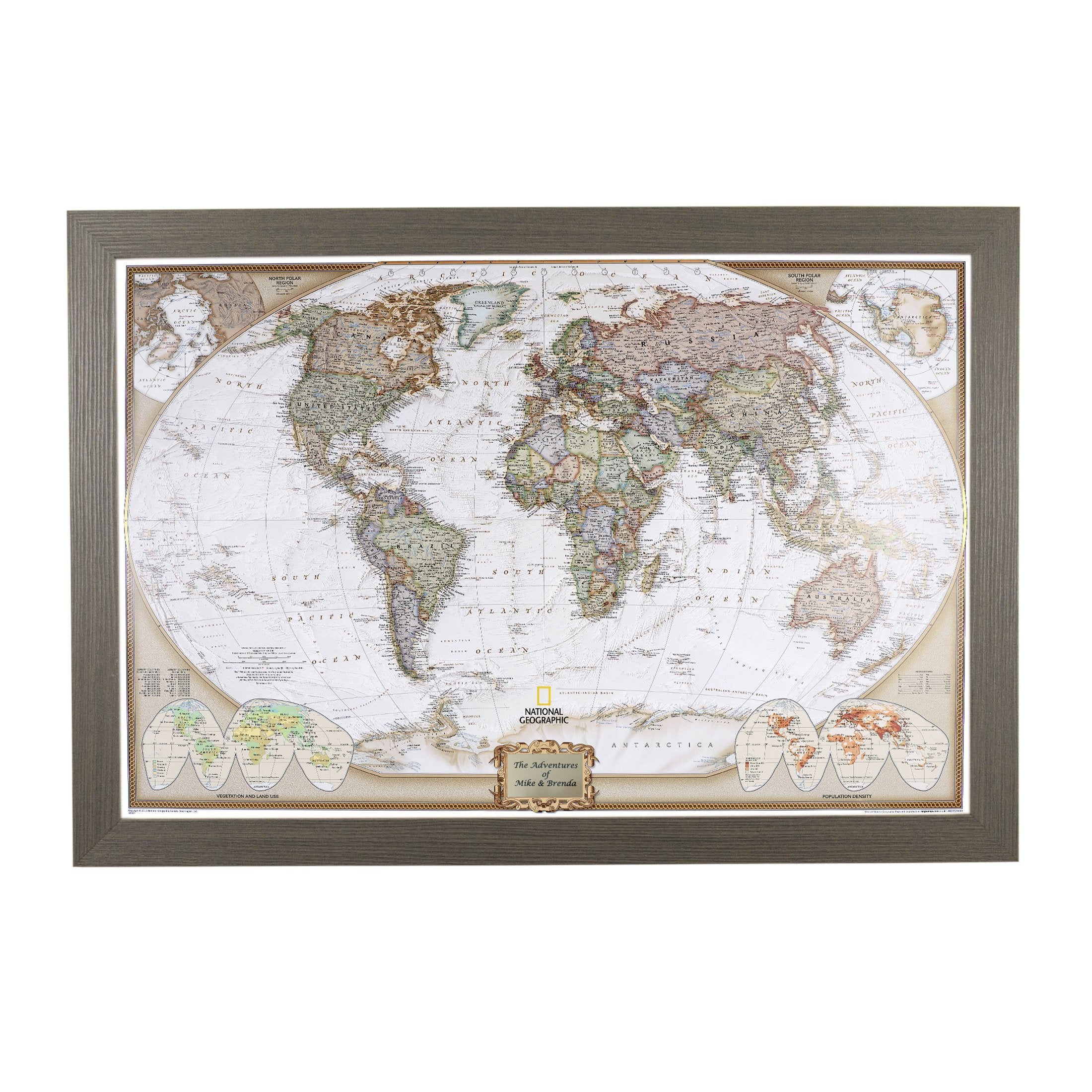 Push Pin Travel Maps Personalized Executive World With Barnwood Gray Frame And Pins - 27.5 Inches X 39.5 Inches