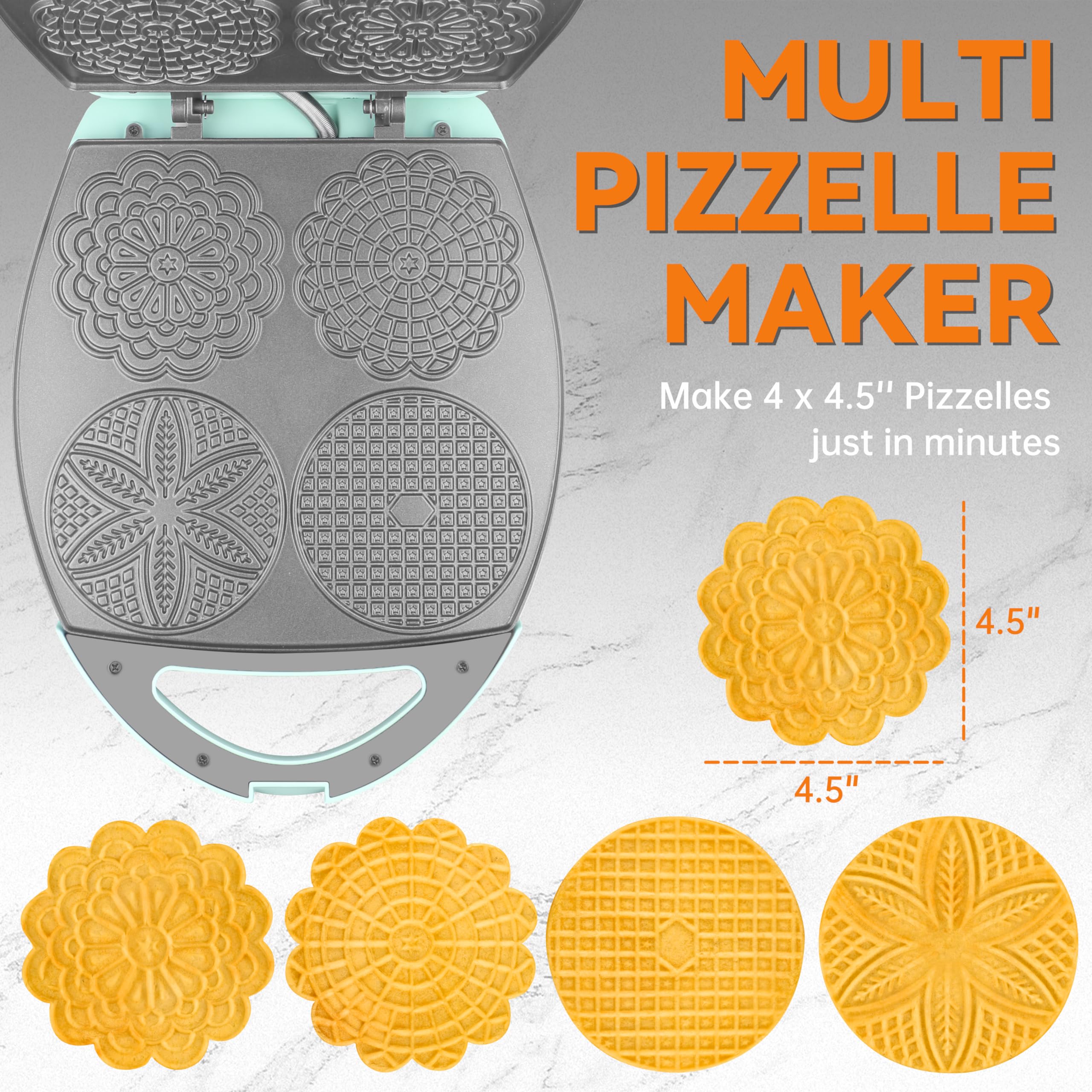 Baker's Friend Multi Pizzelle Maker, Electric Stroopwafel Iron, 4x4.5", Aqua, Model BF-PM01, Perfect for Holidays & Gifts