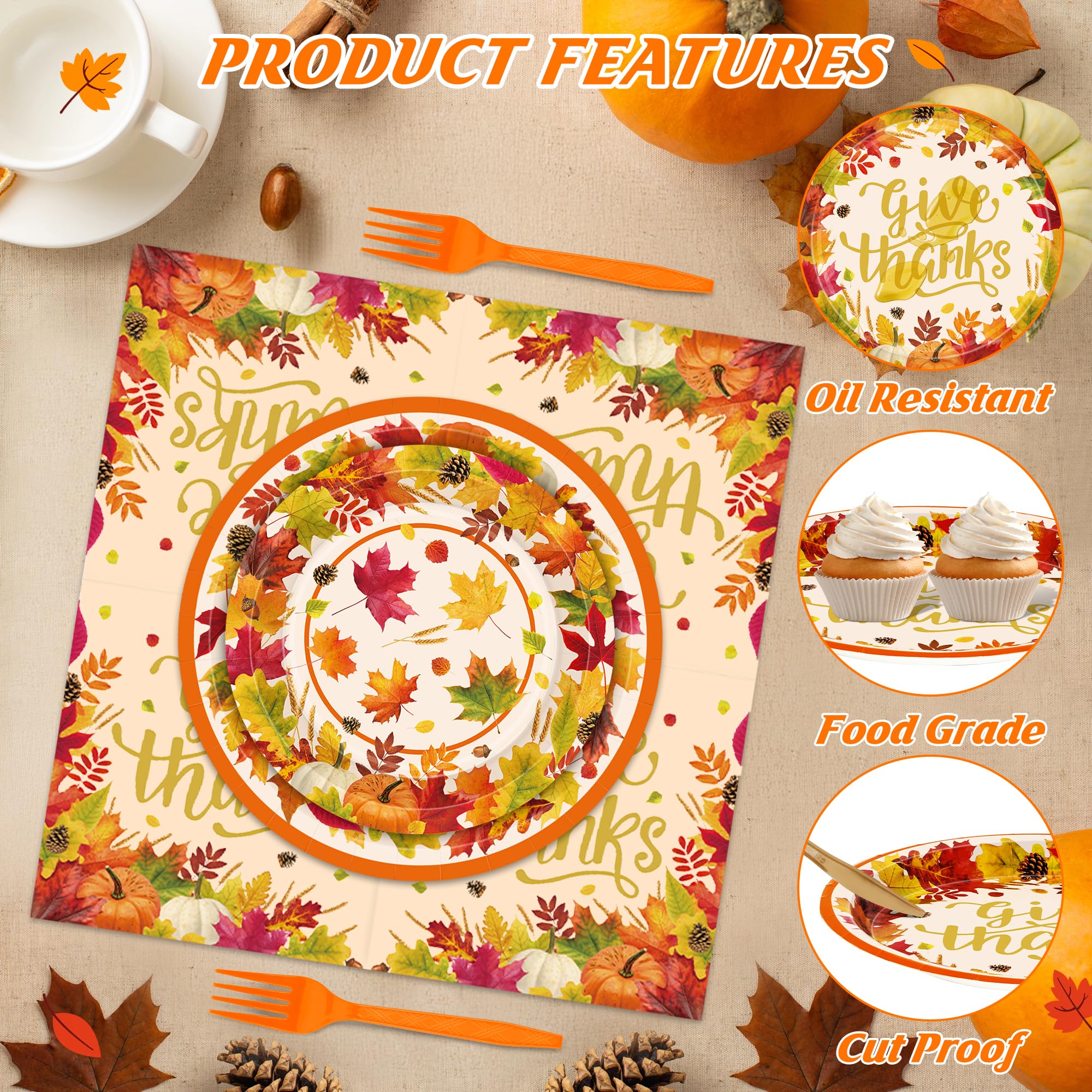 QZYL 122 PCS Thanksgiving Dinnerware Set, Disposable Paper Plates and Napkins, Maple Leaves Dinner Plates Dessert Tray Napkins F