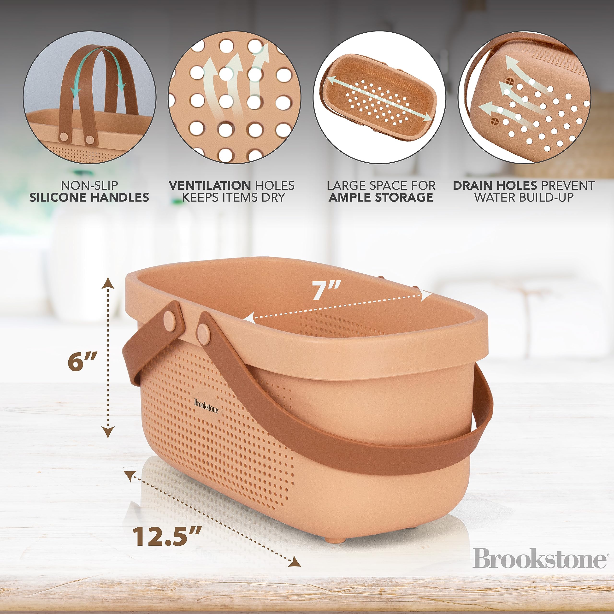 Brookstone Bkh1634, Large Portable Shower Caddy With Soft Silicone Carrying Handle, Bathroom Organizer Basket, Plastic Bath Tote