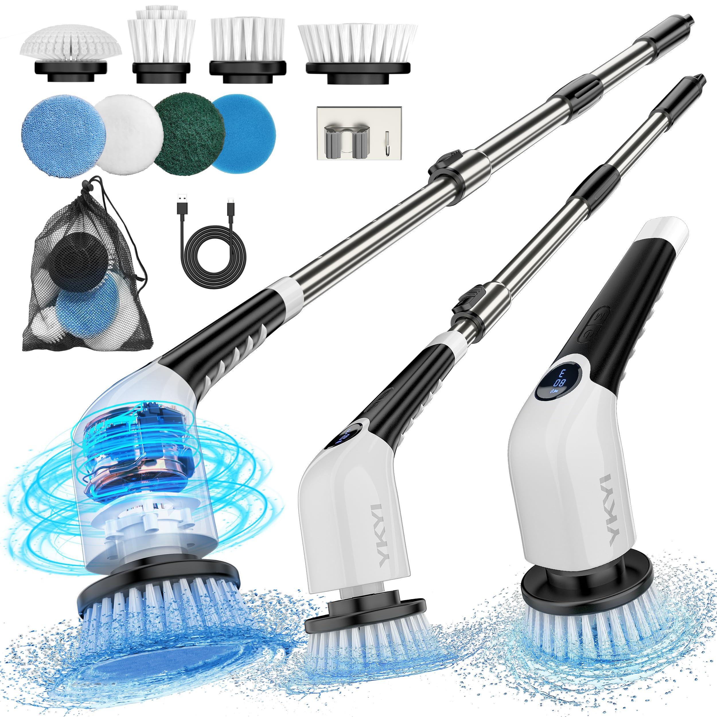 YKYI Electric Spin Scrubber Cordless Cleaning Brush Shower Cleaning Brush with 8 Replaceable Brush Heads  Power Scrubber 3 Adjustable Speeds Adjustable & Detachable Long Handle Voice Broadcast