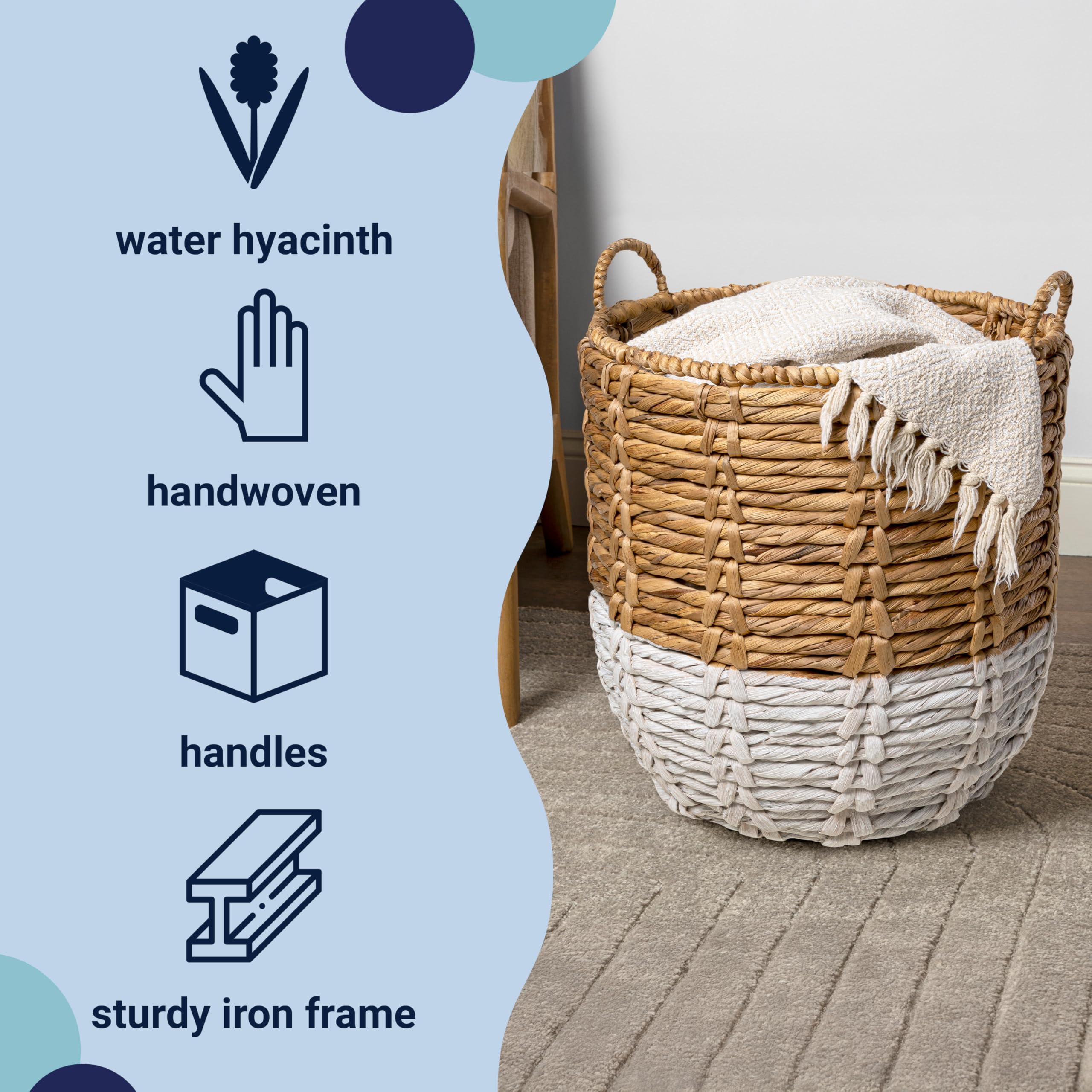 Happimess Bsk1003E Laurel 19.49 Bohemian Handwoven Abaca Hamper Basket With Handles, Seagrass Container For Decoration In Bedroo