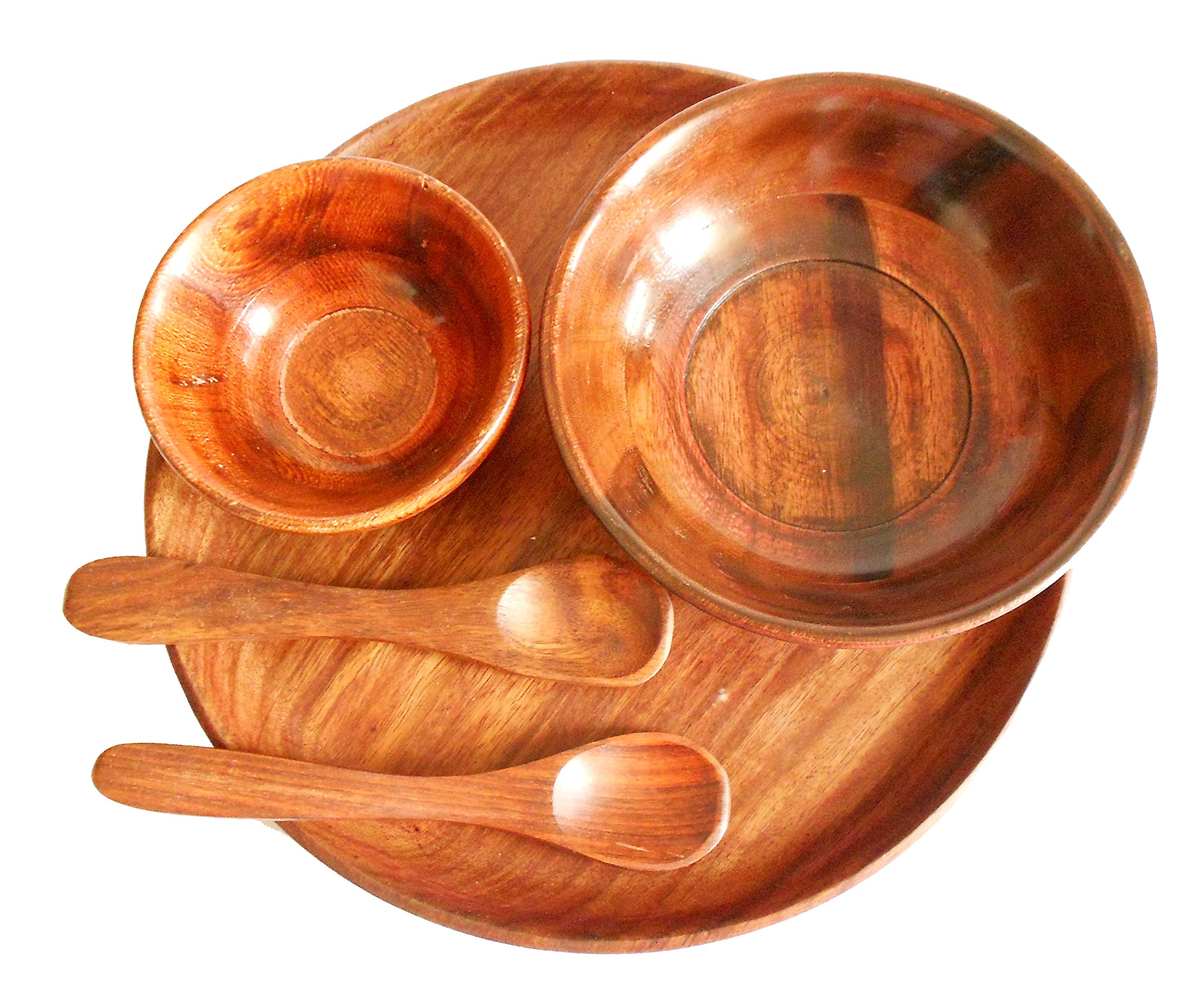 Vg Handmade Craft Wooden 4.5Inch, 6Inch Serving Bowl, 2 Small Spoon & 1 Wood Thali Set For Dinner And Tealight Gifts Item (Pack