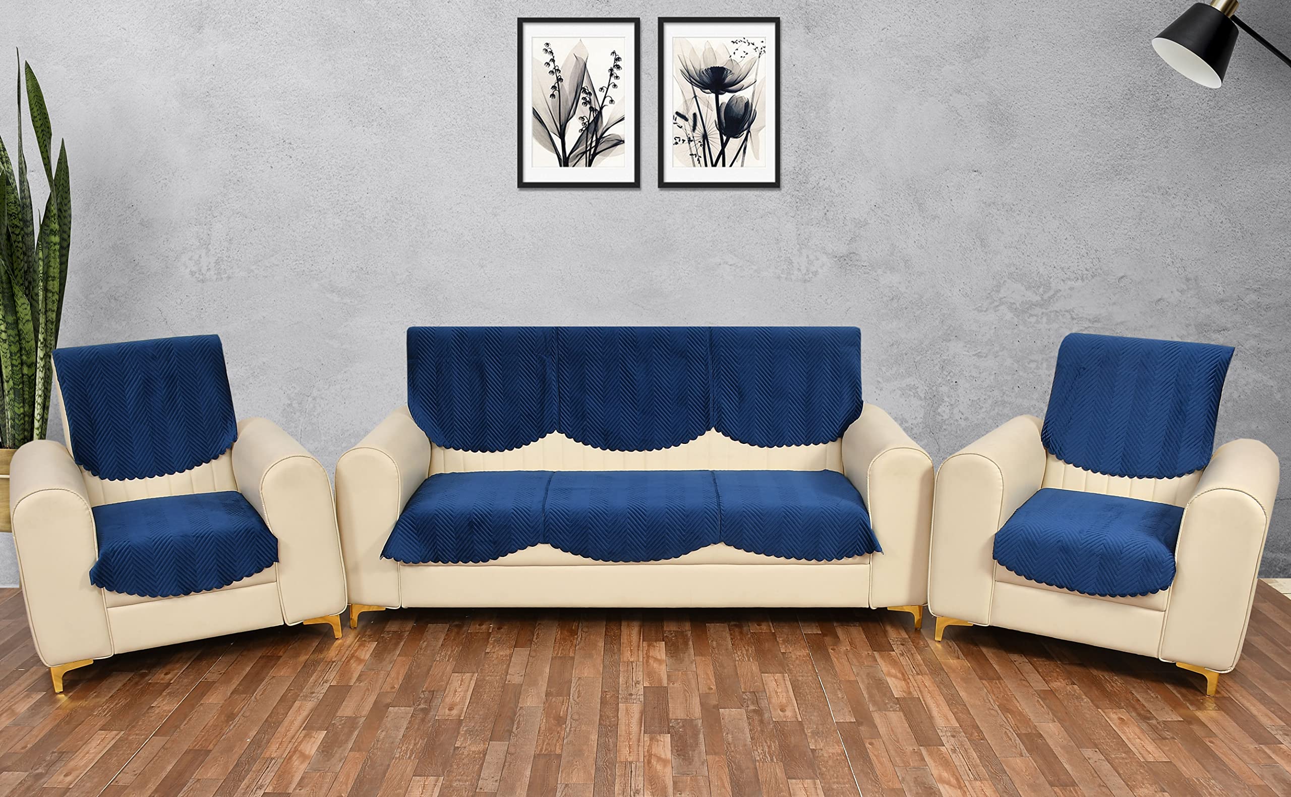 Yellow Weaves 5 Seater Quilted Sofa Cover And Chair Cover, Seat & Back Cover, Color - Blue - Velvet