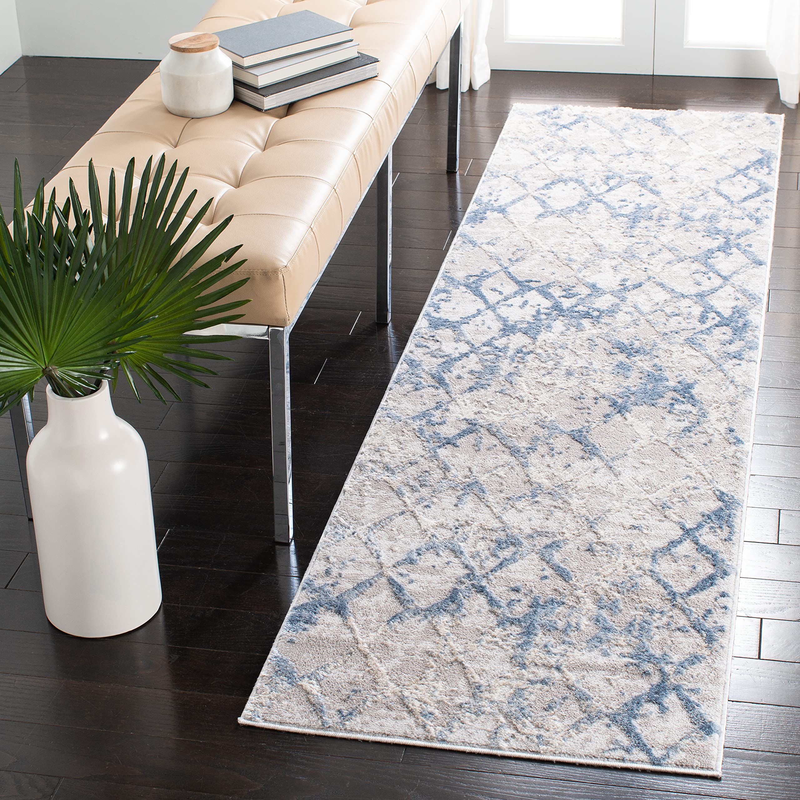 SAFAVIEH Amelia Collection Runner Rug - 22 x 8, Light Grey & Blue, Modern Trellis Distressed Design, Non-Shedding & Easy Care,