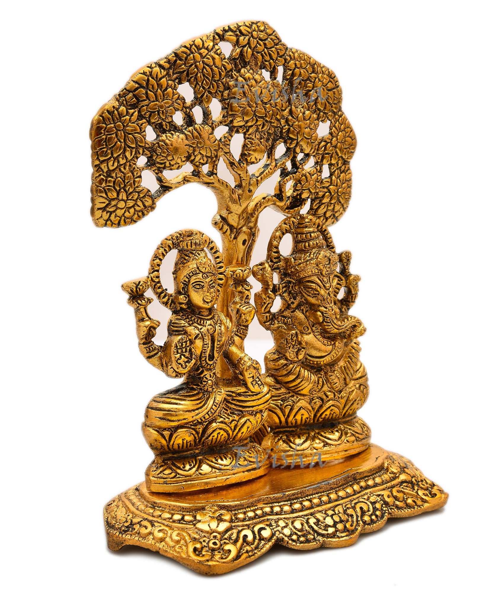 Evisha Lord Ganesh | Ganesha And Lakshmi | Laxmi Under Tree Golden Brass Statue Antique Finish Ganpati Lakshmi Indian Hindu Temp