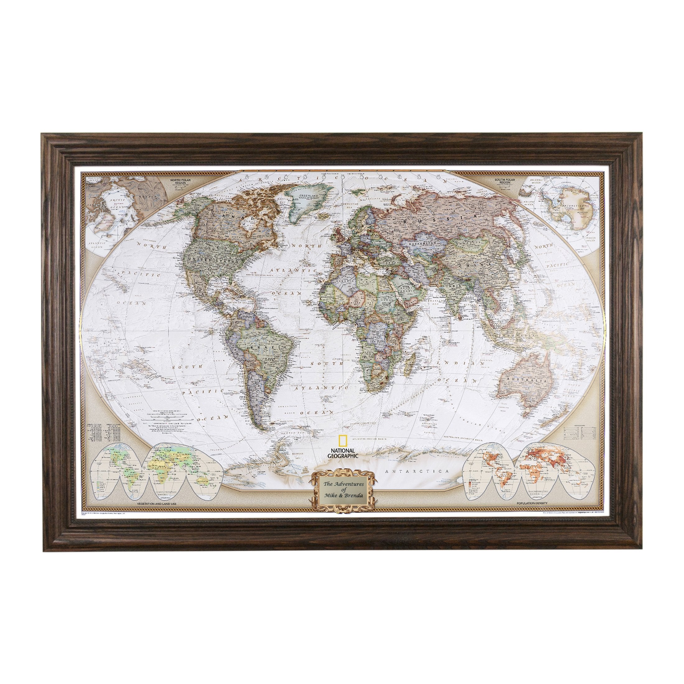 Push Pin Travel Maps Personalized Executive World With Solid Wood Brown Frame And Pins - 27.5 Inches X 39.5 Inches