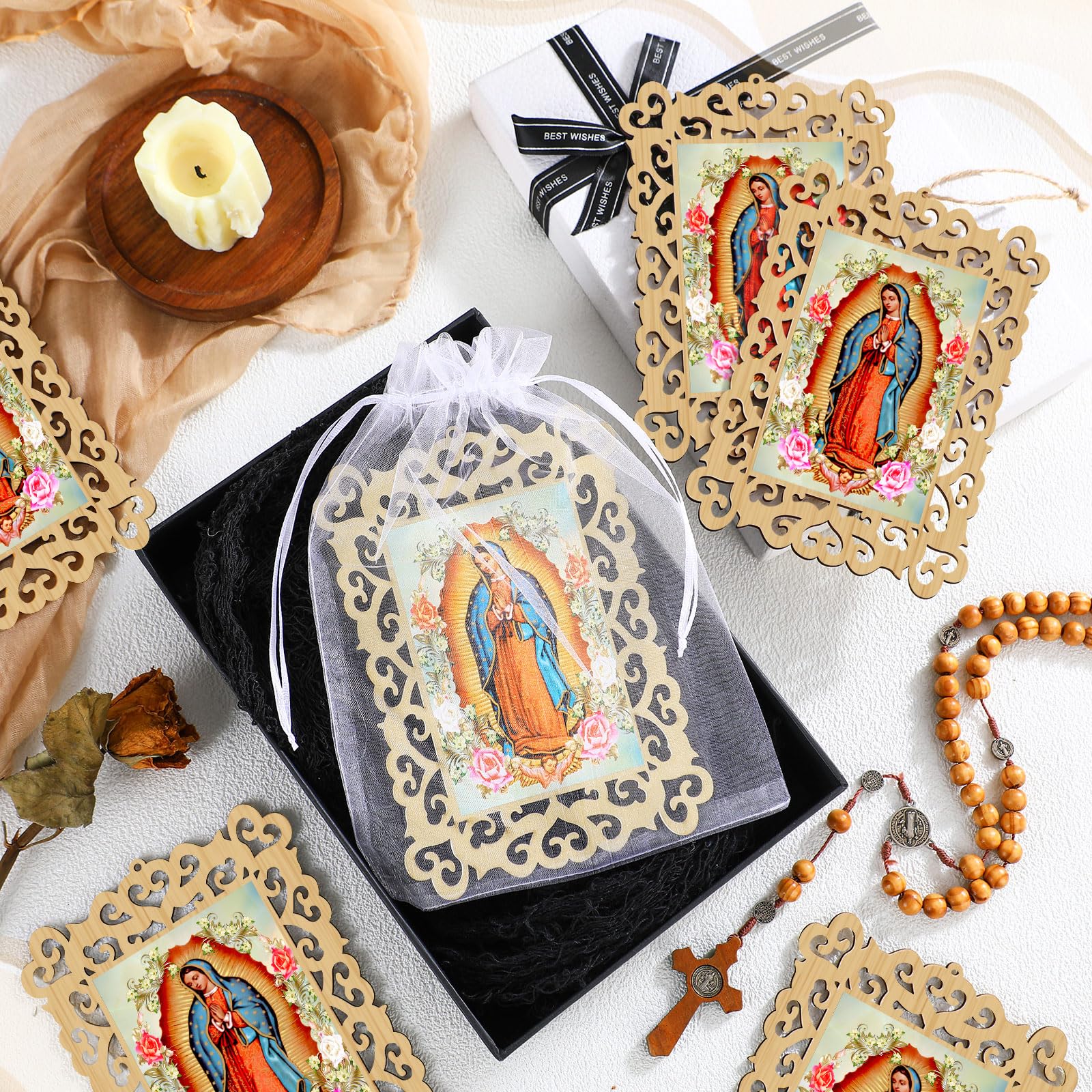 Quelay 24 Pcs Our Lady of Guadalupe Wooden Picture Frames with Organza Gift Bags Baptism Favors for Guests First Communion Chris