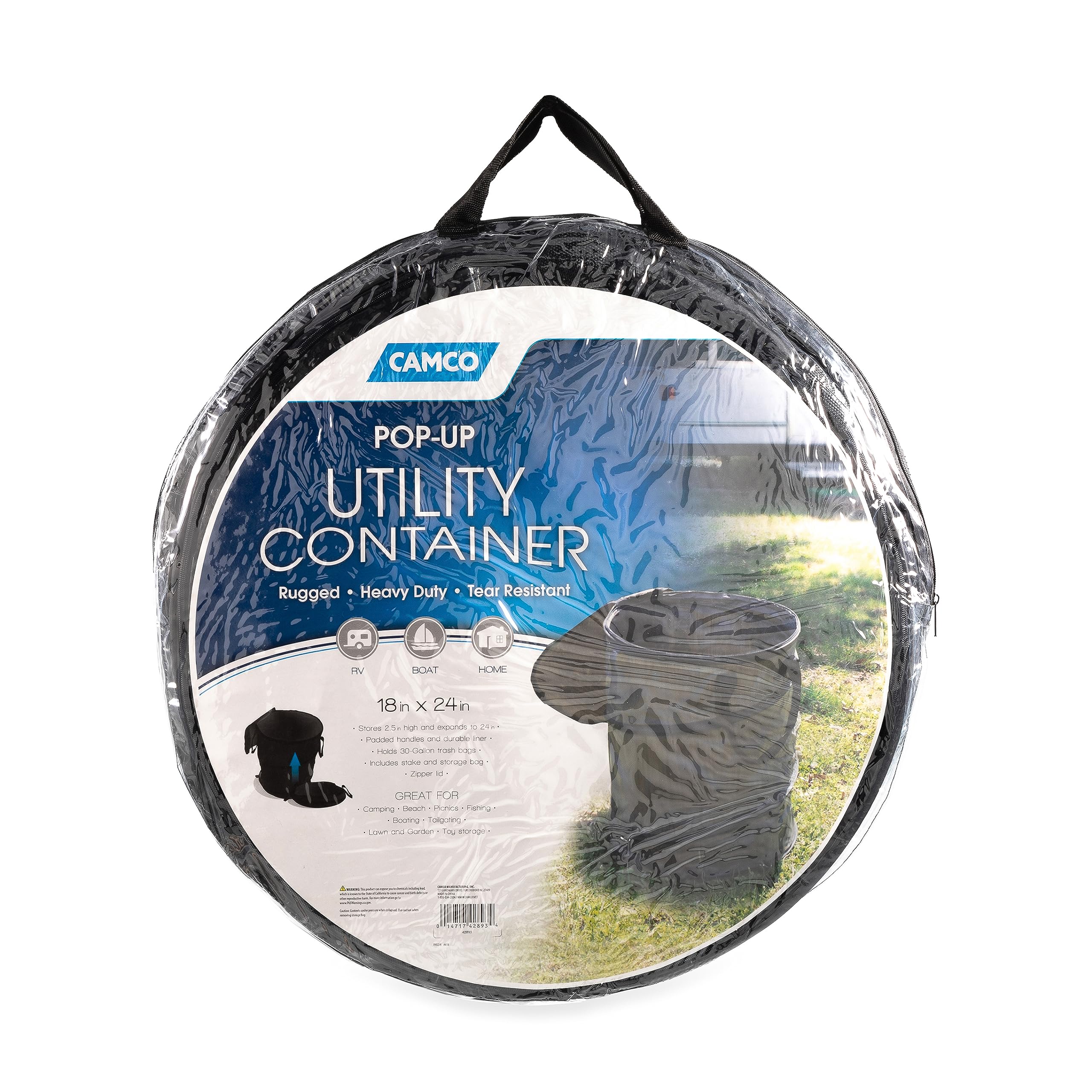 Camco Pop-Up Utility Container | Features Heavy Duty Liner & Zipper Close Lid | Holds 30-Gallon Kitchen-Size Trash Bags | Stands
