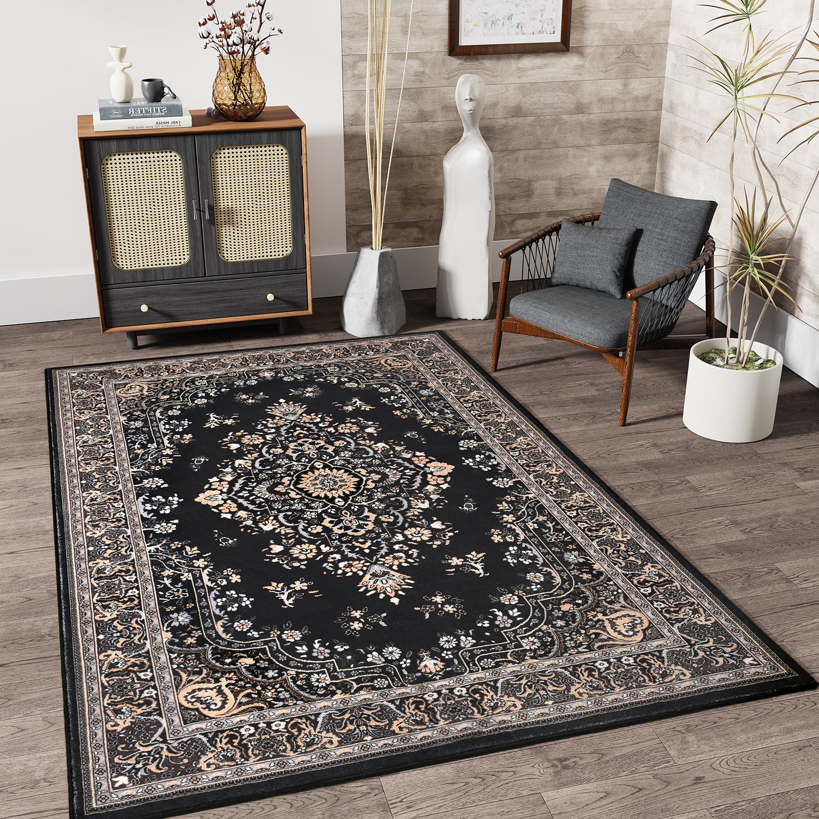 HOMORE Area Rug 4x6 Black Rugs for Bedroom, Non Slip Washable Rug for Living Room, Faux Wool Throw Rug for Kitchen, Ultra Thin V