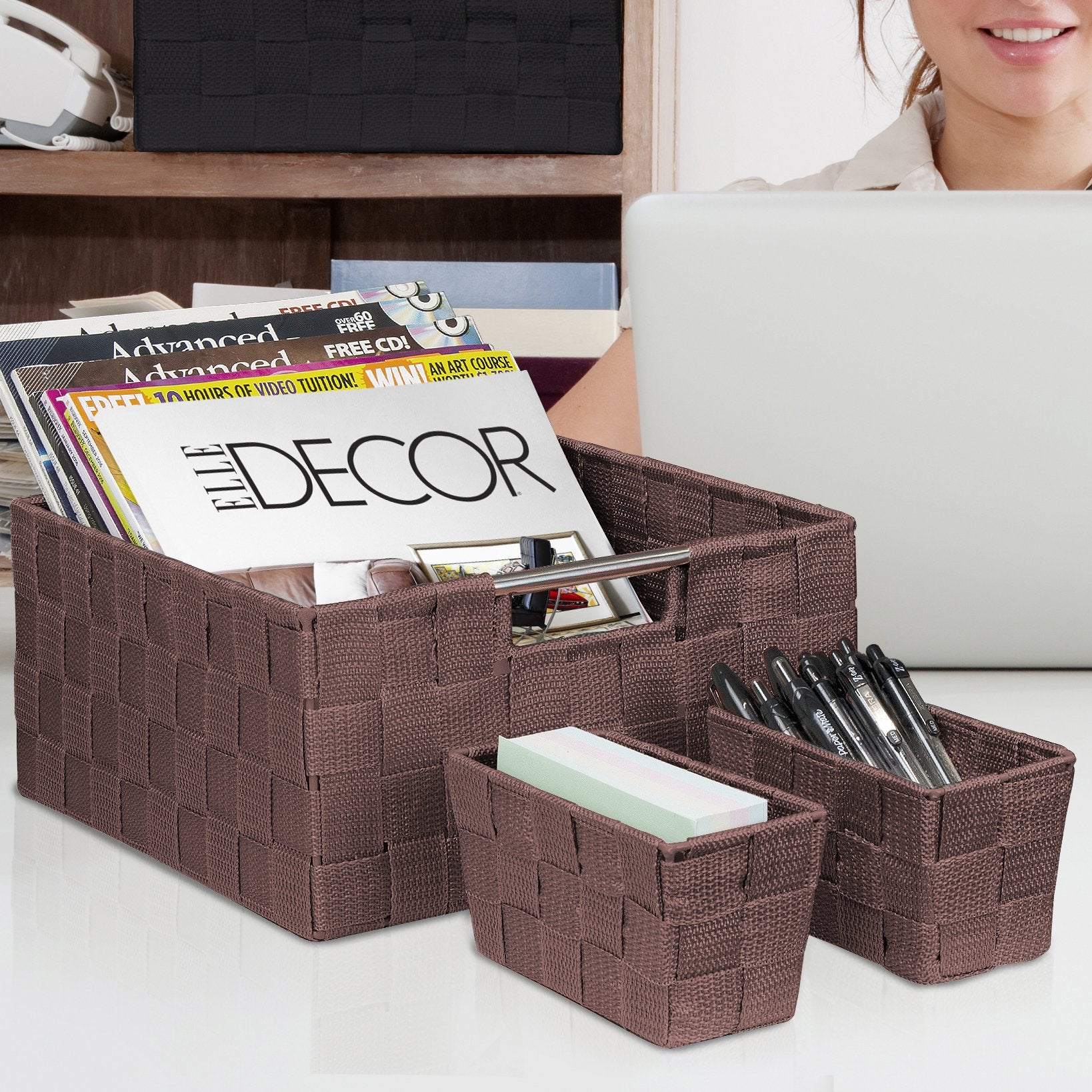 Sorbus Storage Baskets for Organizing (Set of 7)  Mesh Hand-Woven Design  Linen Closet Organizers and Storage  Organizer Storage Baskets for Shelves  Variety Pack Organizers and Storage (Chocolate)