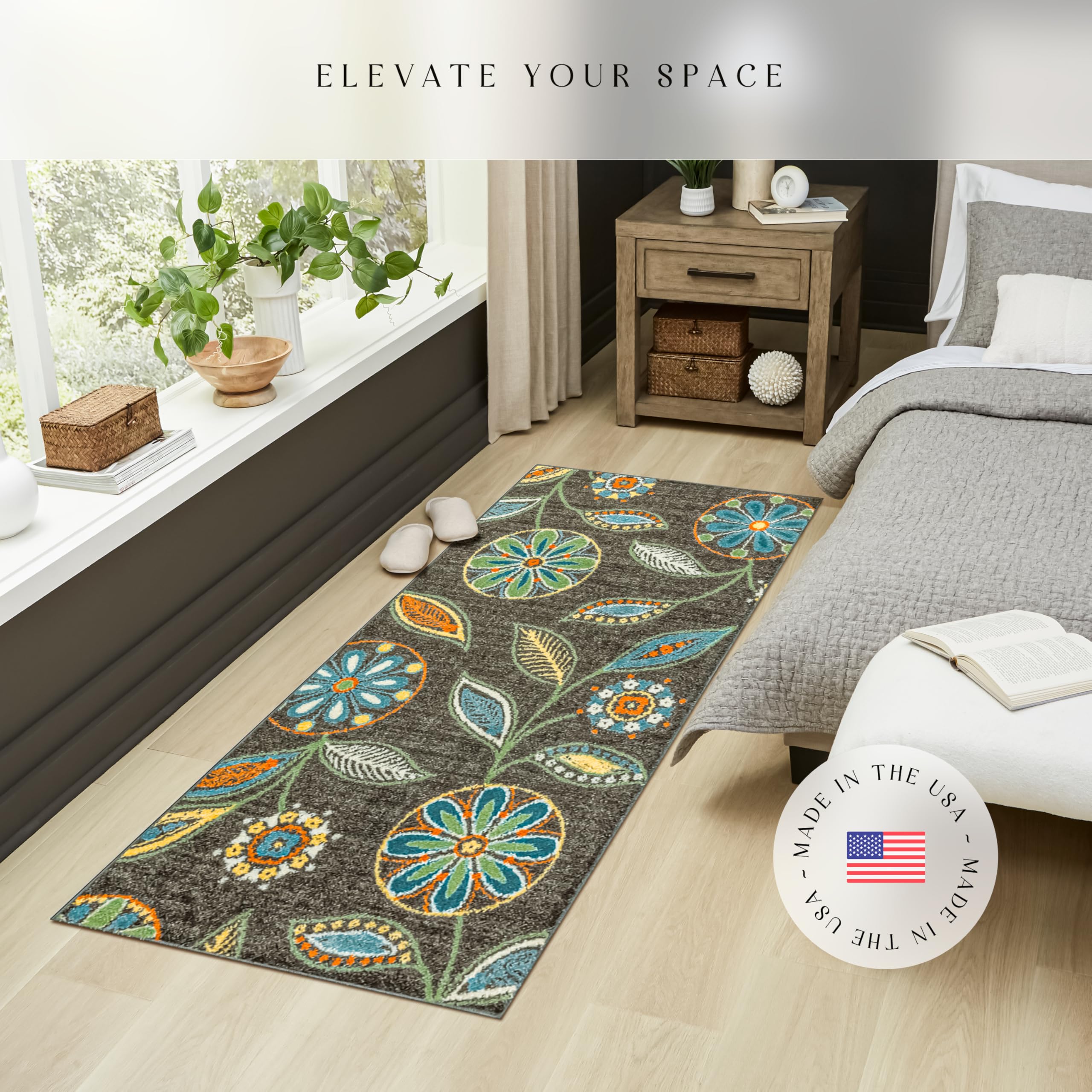 Maples Rugs Reggie Floral Runner Rug - Made in USA - Washable, Non Slip Indoor Carpet for Kitchen, Hallway, and Laundry Room, 2