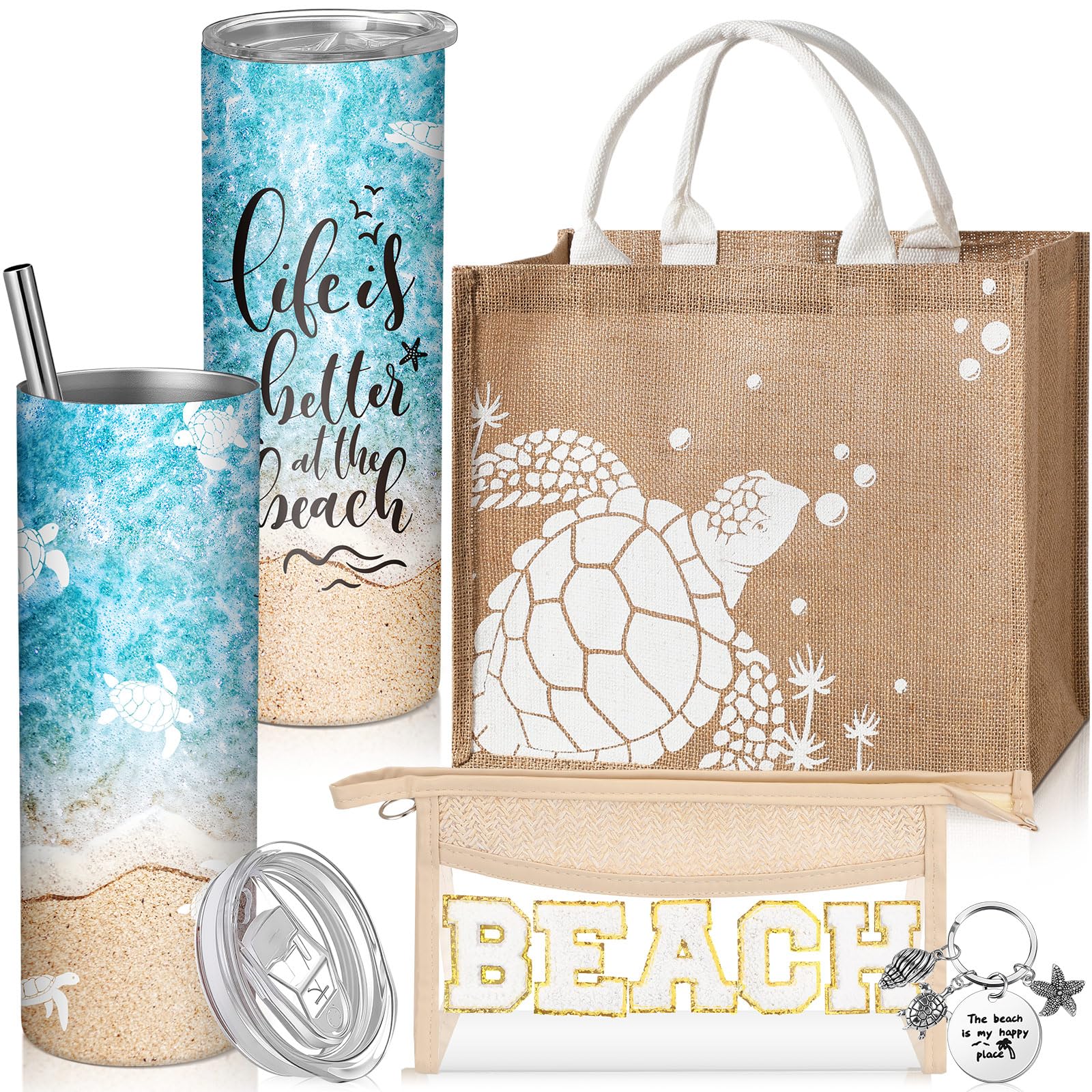 Yiyiring 6 Pcs Beach Gifts for Women Set Beach Theme Gift Burlap Tote Bags Cosmetic Bag 20 oz Tumbler Keychain for Birthday Holi