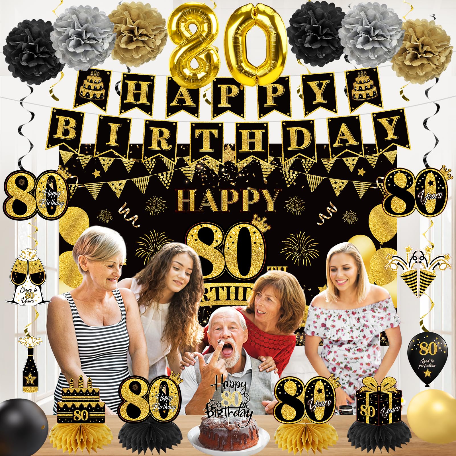 Eucutur 42Pcs 80Th Birthday Decoration Kit For Men Women, Black Gold Happy 80Th Bday Banner Balloons Honeycomb Centerpiece Swirl