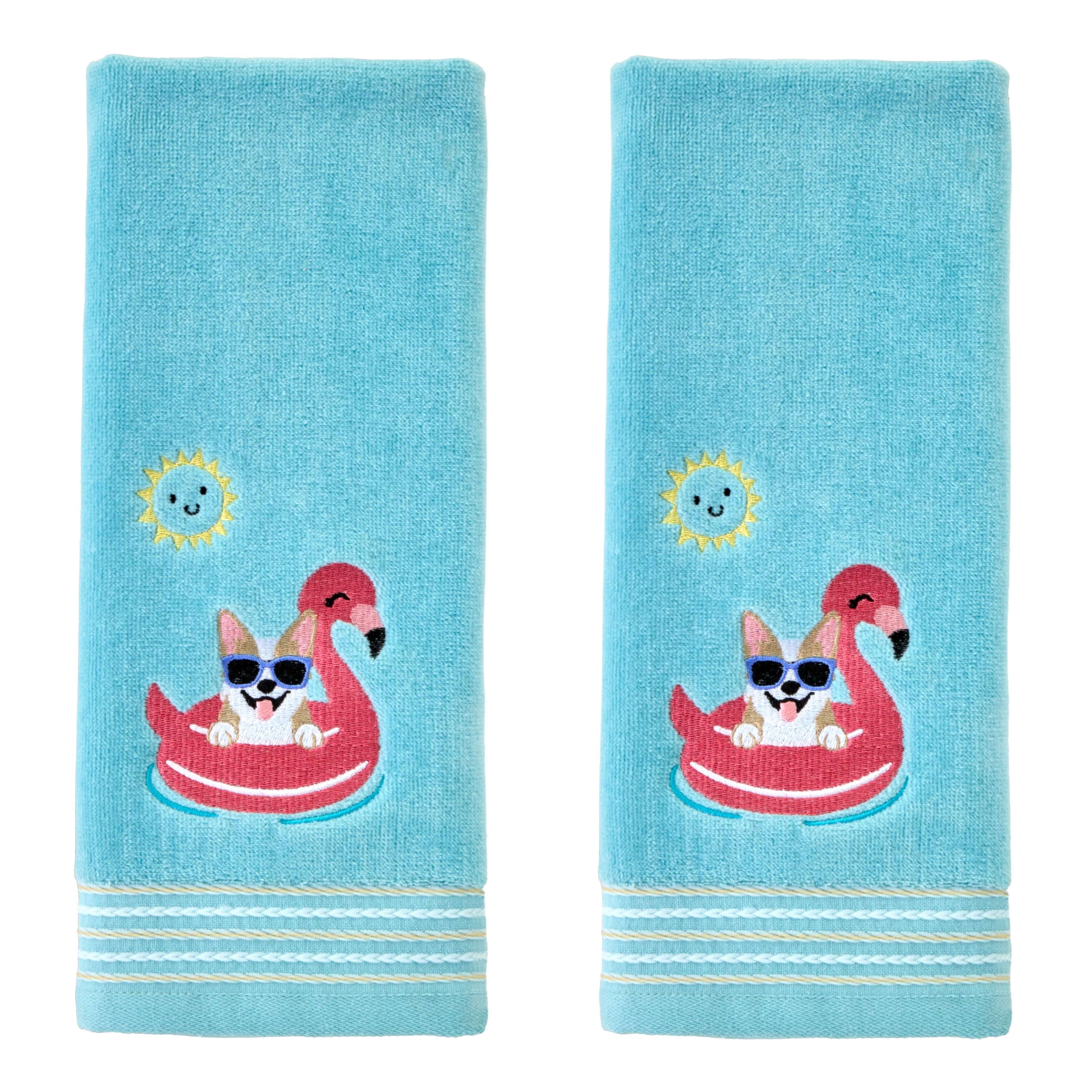 SKL Home Floating Corgi Hand Towel 2pc Set for Bath/Kitchen/Bar & Gift, Aqua
