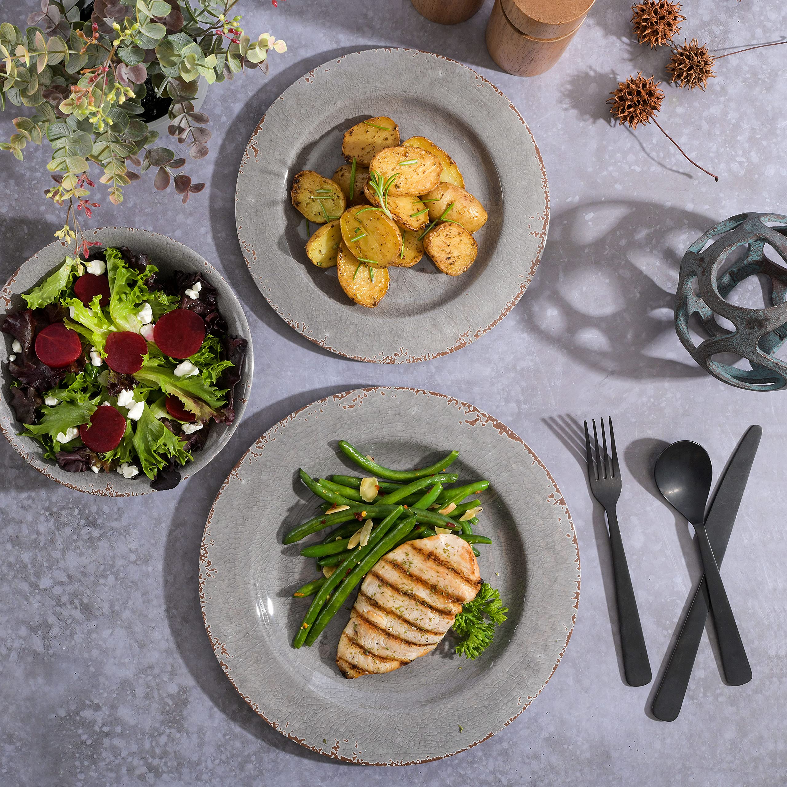 Gibson Home Mauna Melamine Dinnerware Set, Service for 4, 12pcs, Grey Rustic, Model 114336.12
